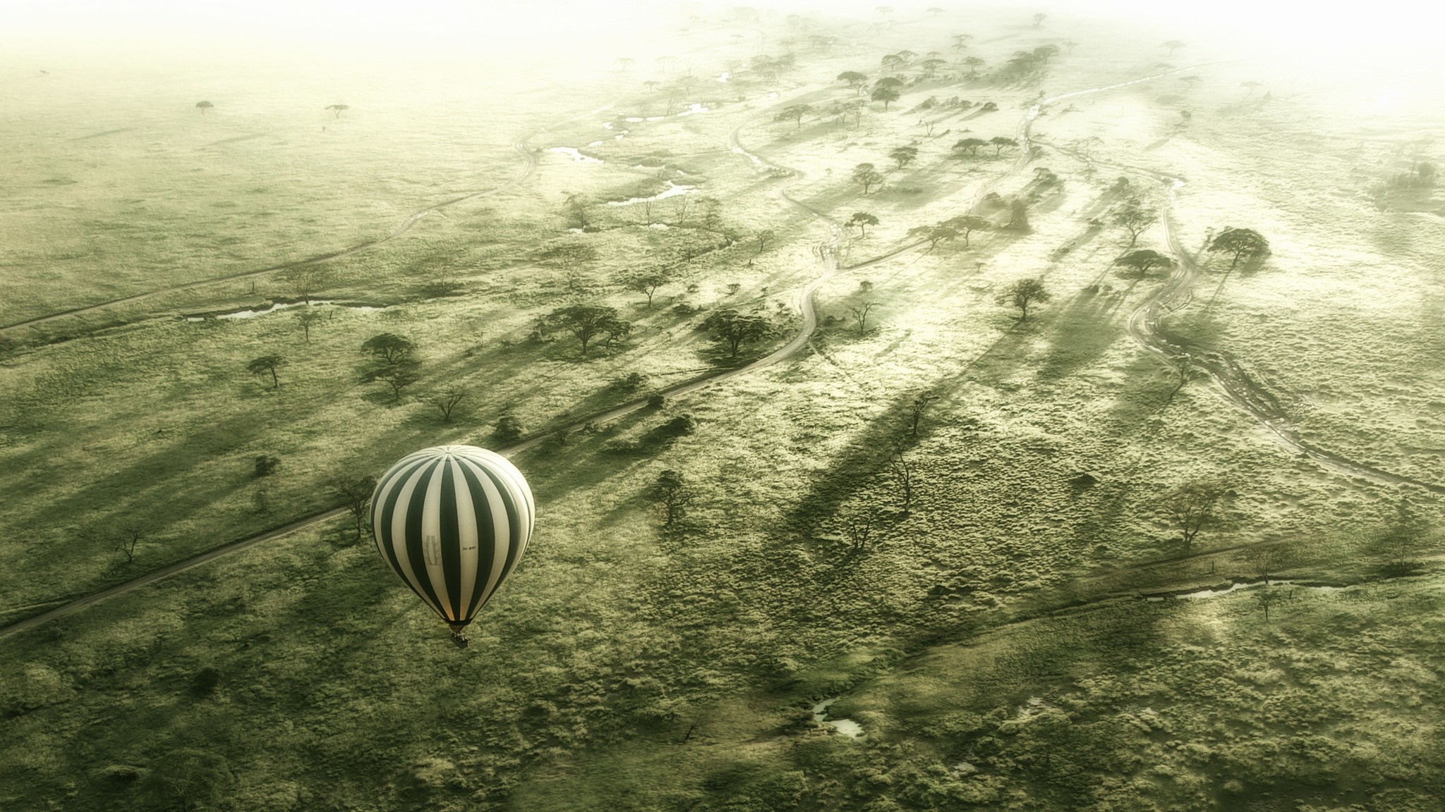 Hot air balloon over the Serengeti plains HD Wallpaper