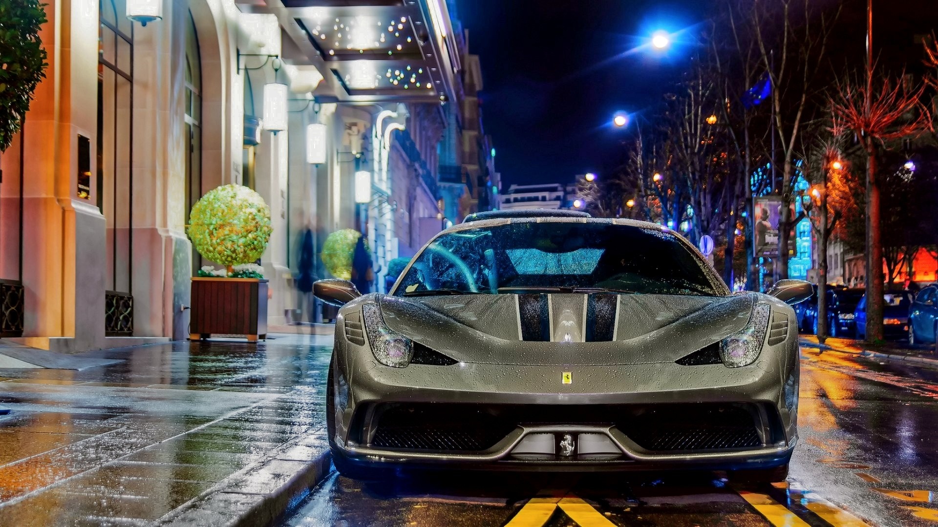 Ferrari 458 Speciale parked on a wet street at night HD Wallpaper