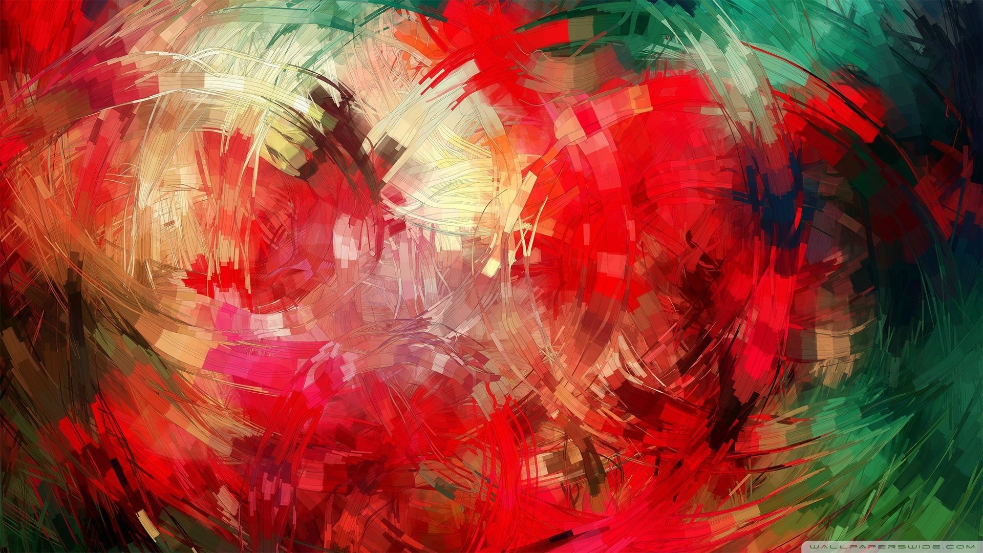 Abstract painting with red, green, and yellow brushstrokes HD Wallpaper