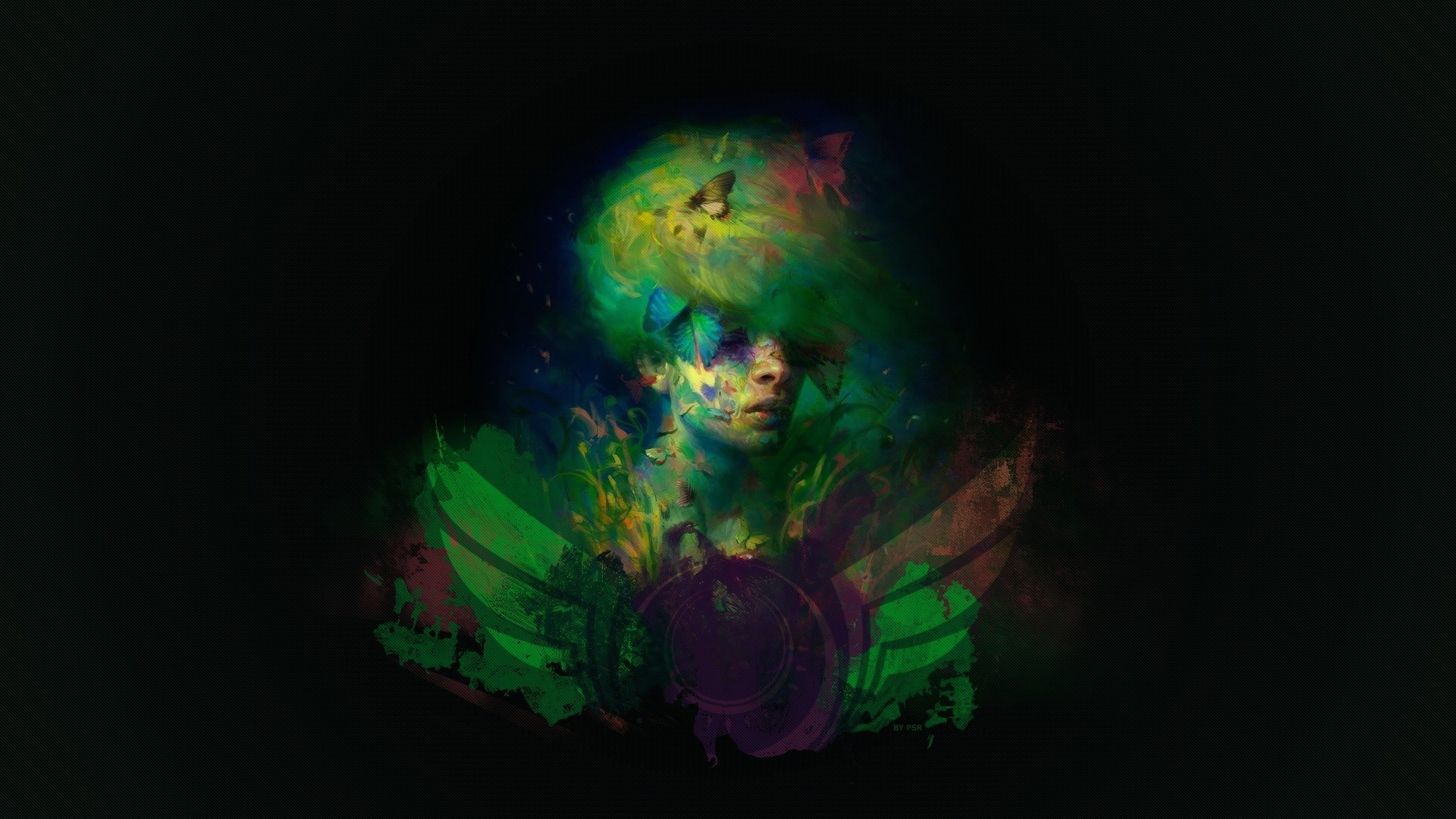 Digital art of a person with butterflies and green paint HD Wallpaper