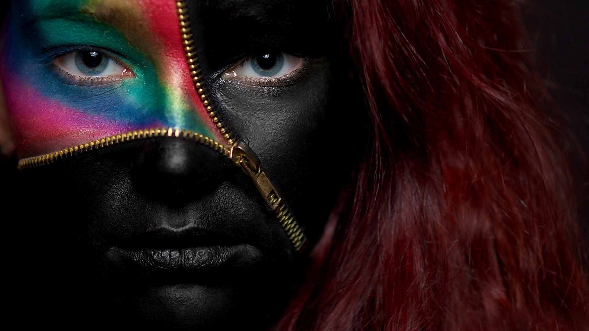 Woman with colorful body paint and zipper HD Wallpaper