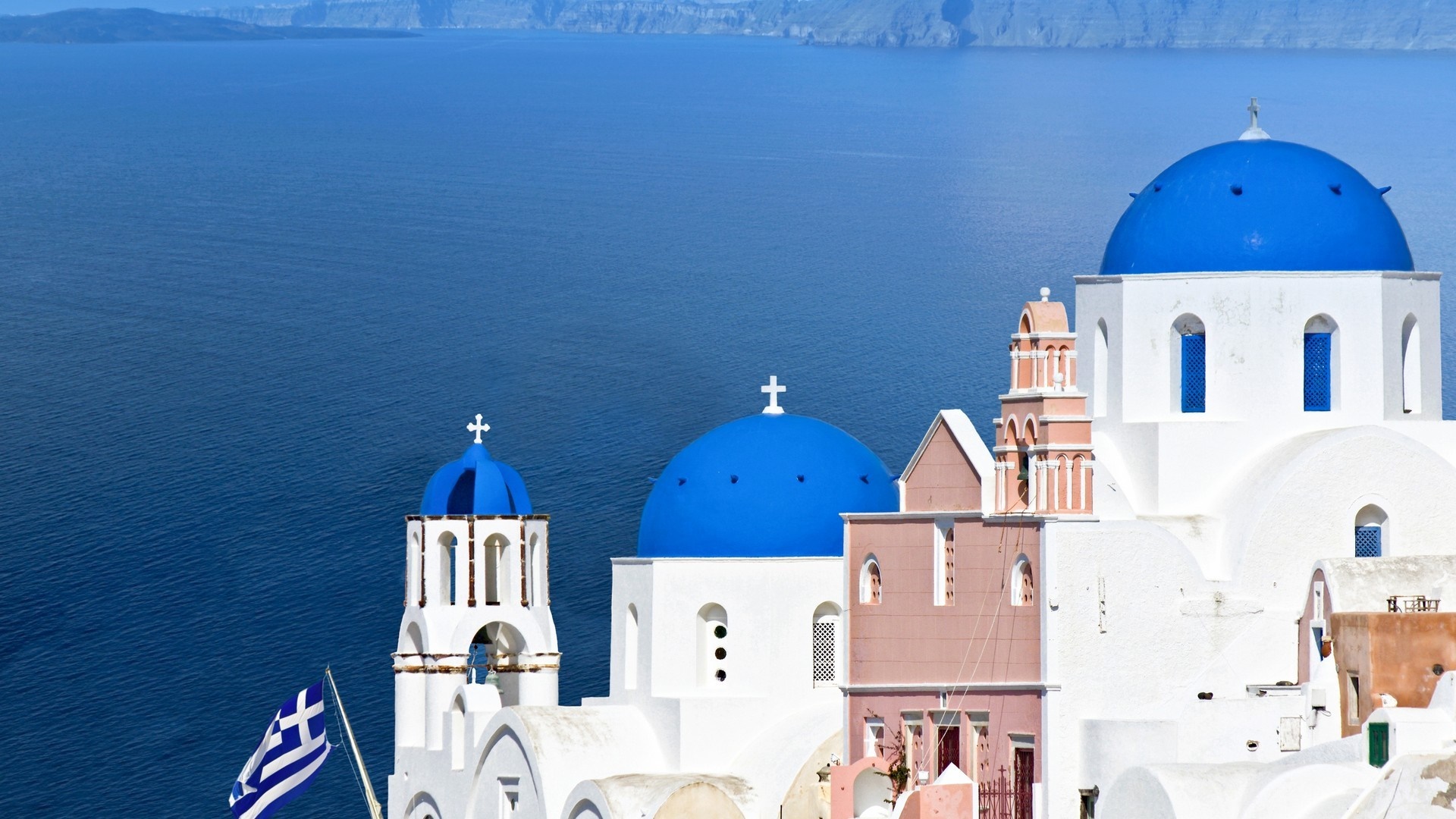 Churches with blue domes in Santorini, Greece HD Wallpaper
