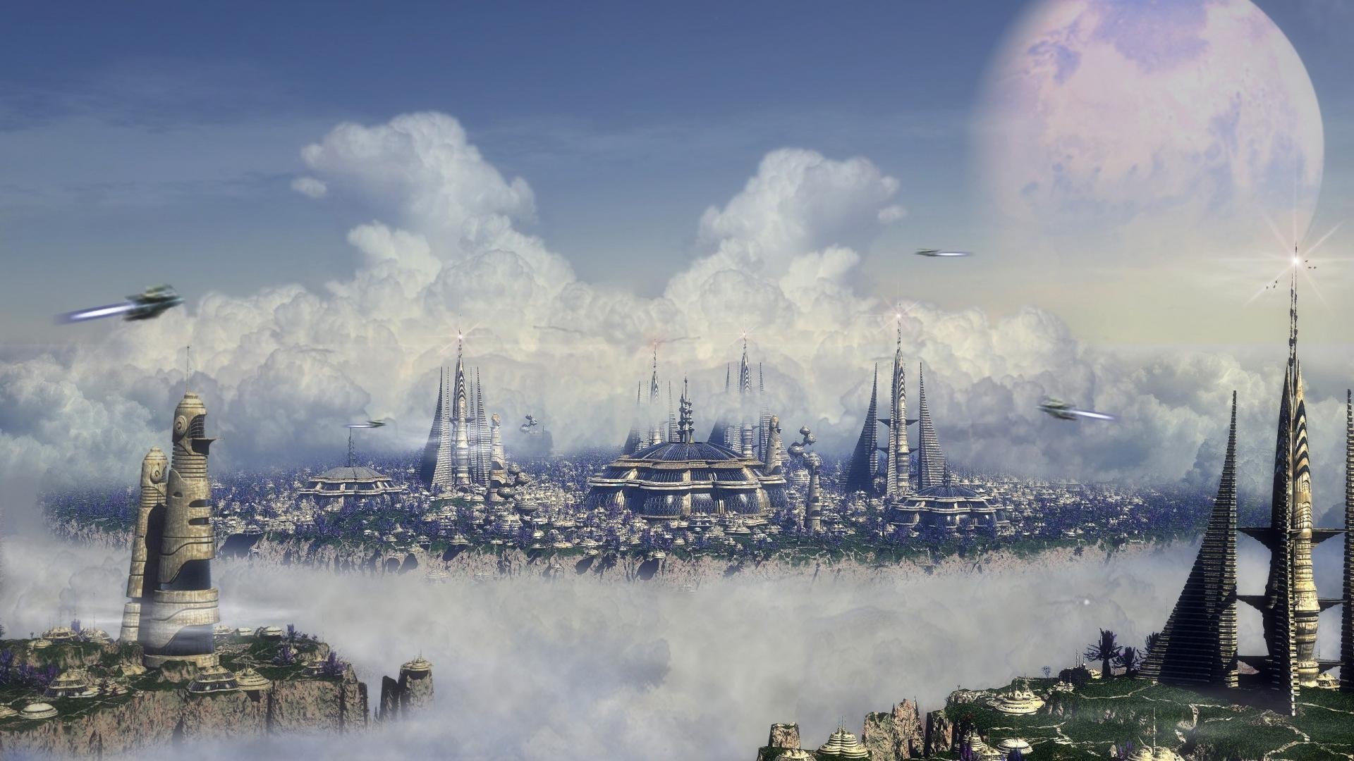 Futuristic floating city with skyscrapers and flying vehicles HD Wallpaper