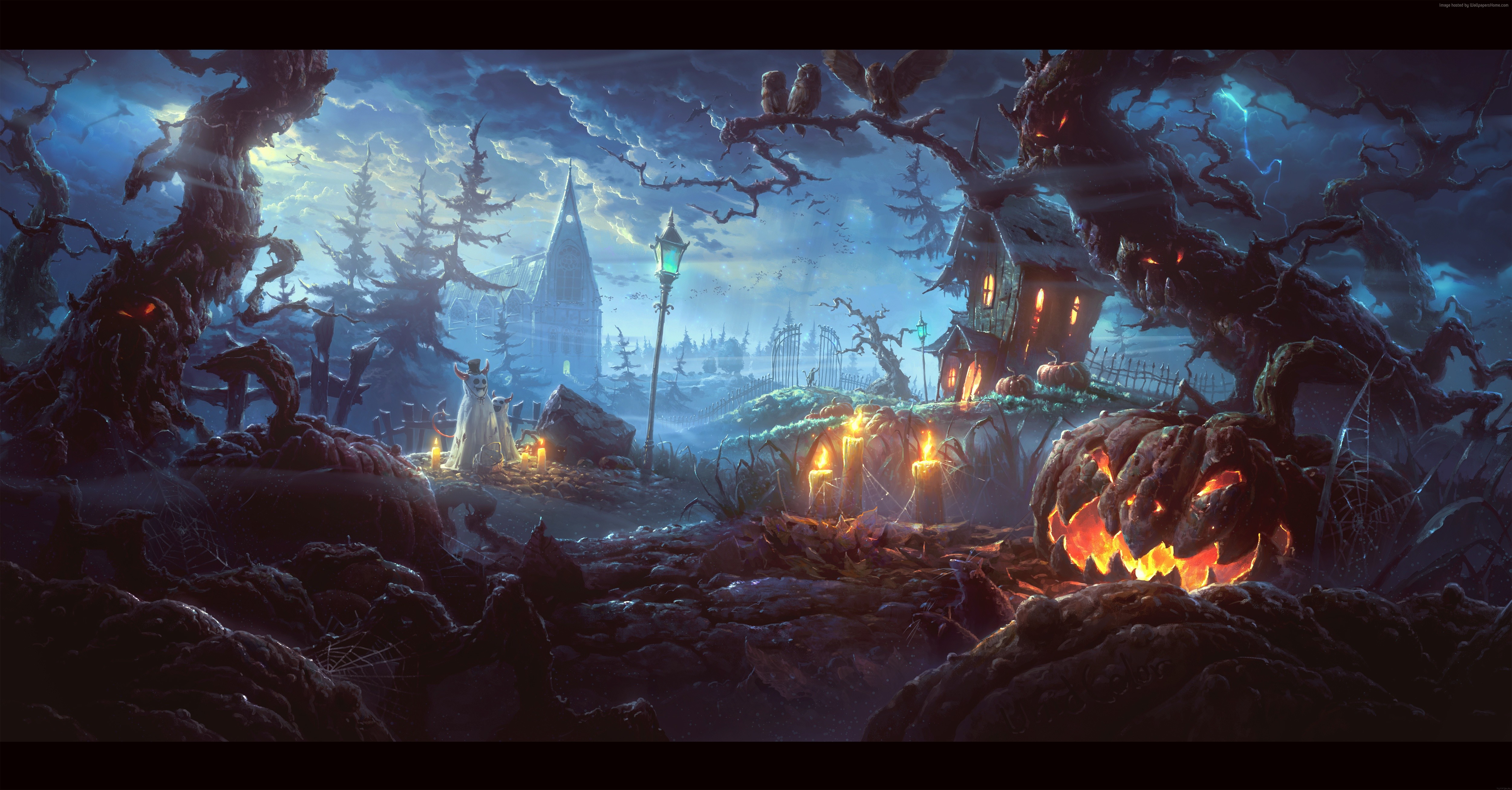 Halloween night in a spooky town with pumpkins HD Wallpaper