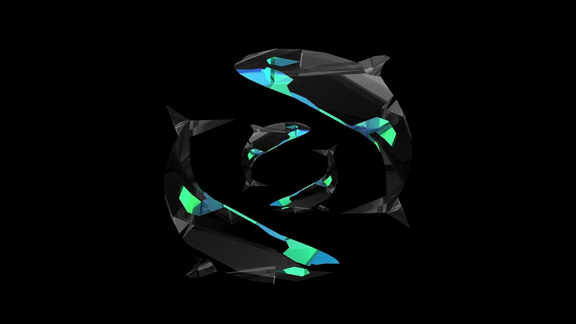 Low poly orcas in a circular formation on a black background HD Wallpaper