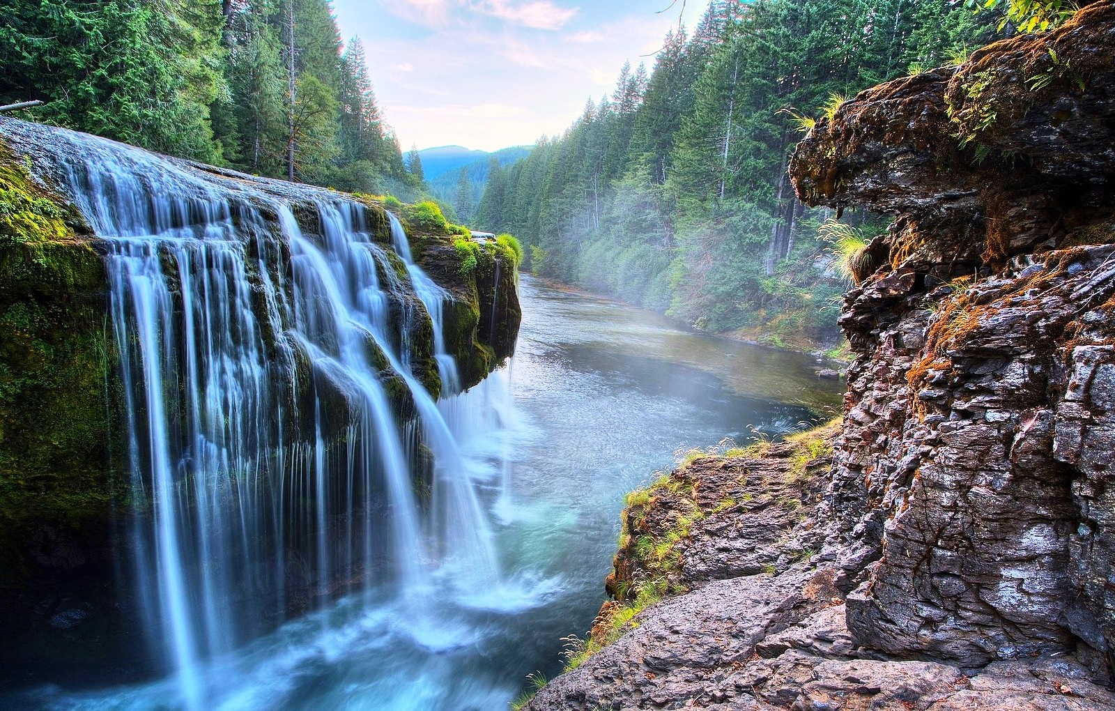 Waterfall flowing into a river in a forest HD Wallpaper