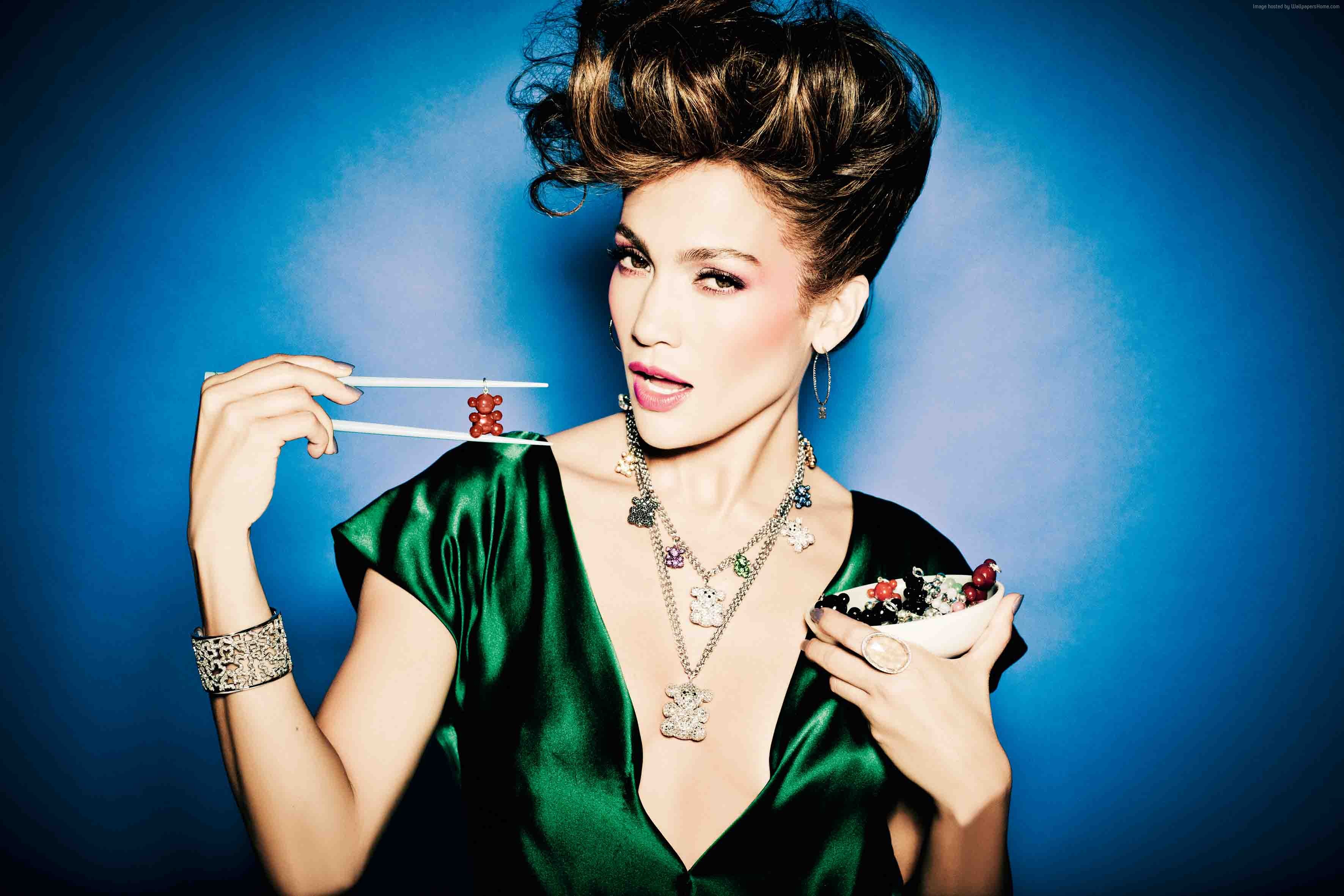 Jennifer Lopez with gummy bears and jewelry HD Wallpaper