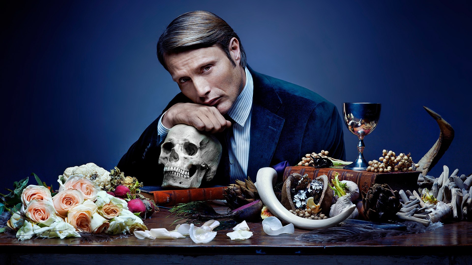Hannibal Lecter with Skull and Flowers HD Wallpaper