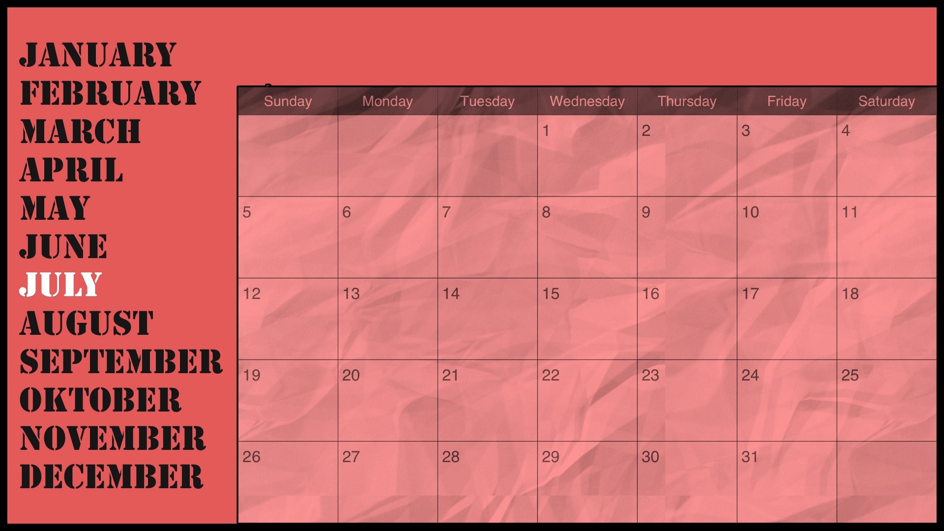 July Calendar with Month List HD Wallpaper