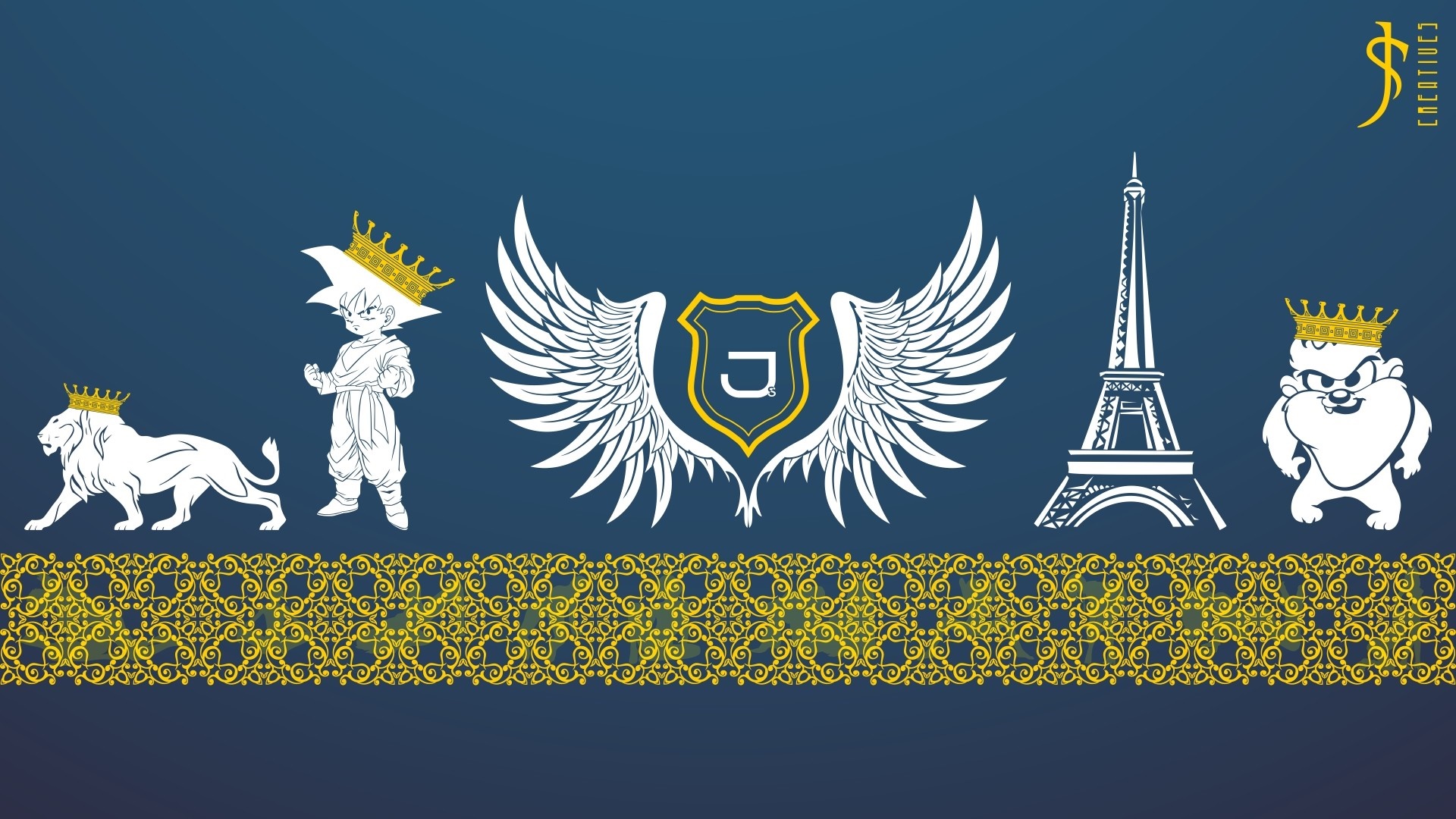 Lion, Goku, Wings, Eiffel Tower, and Taz with Crowns HD Wallpaper