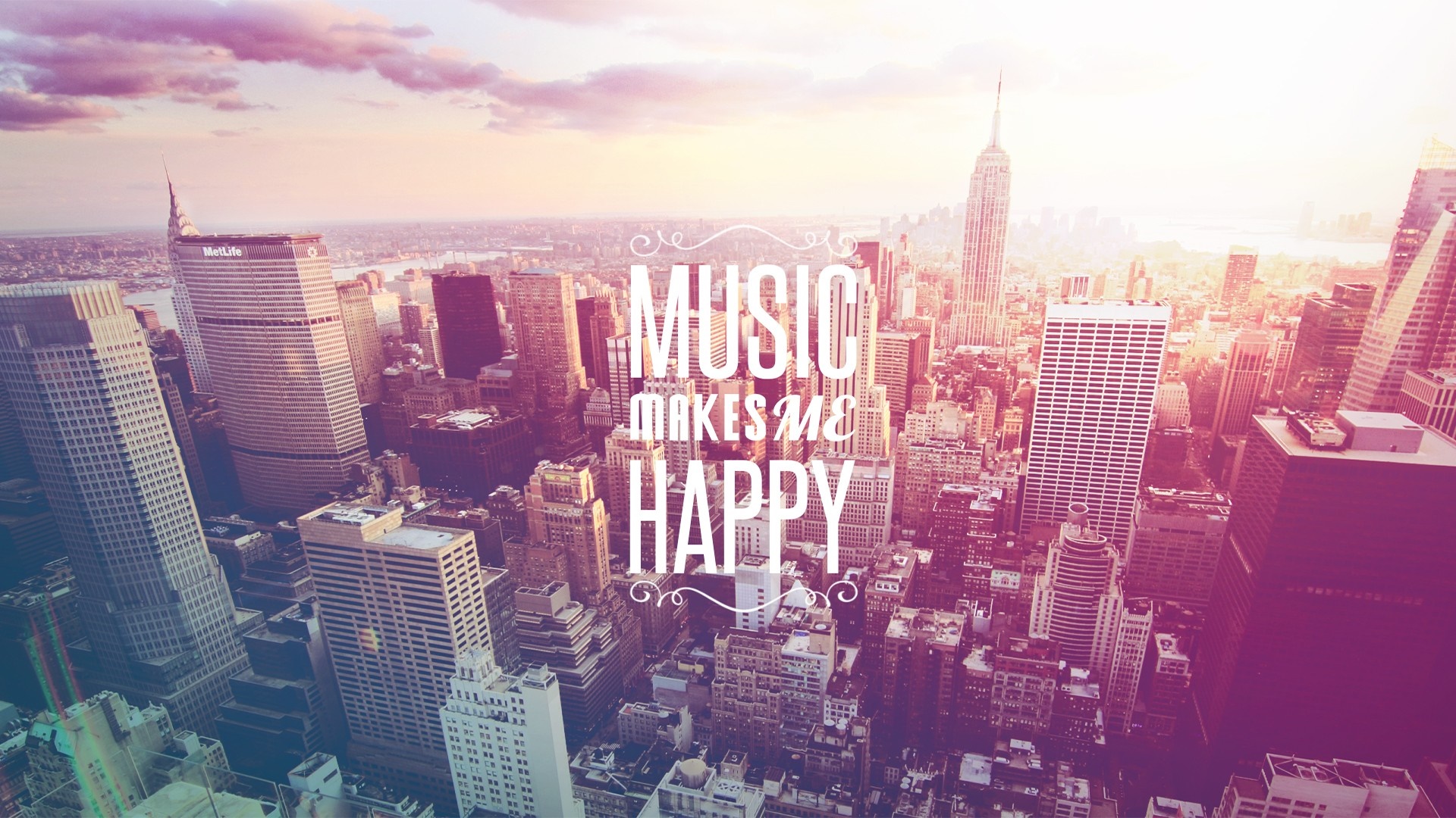 Music Makes Me Happy Typography Over New York City Skyline HD Wallpaper
