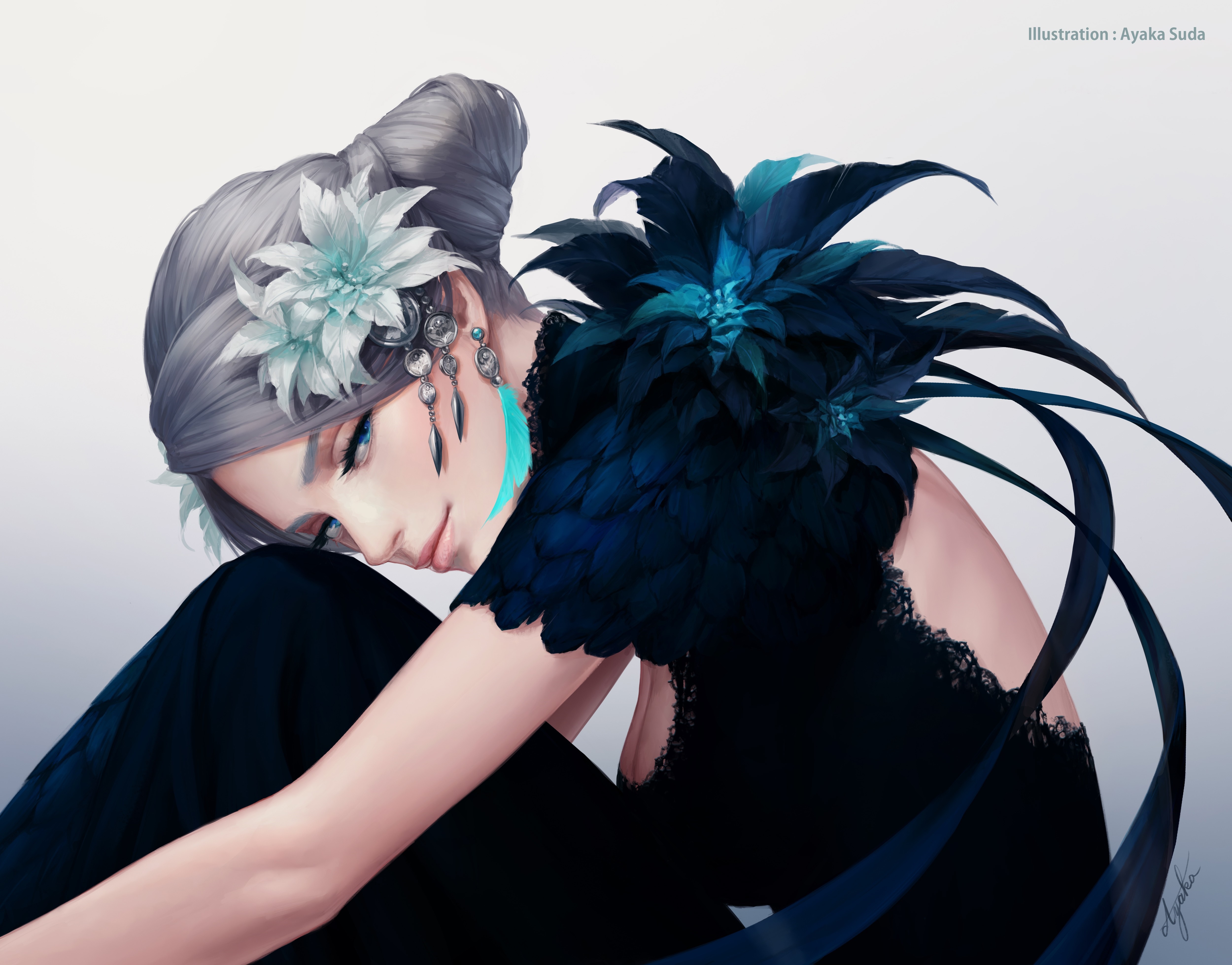 Woman with flowers and feathers in hair HD Wallpaper