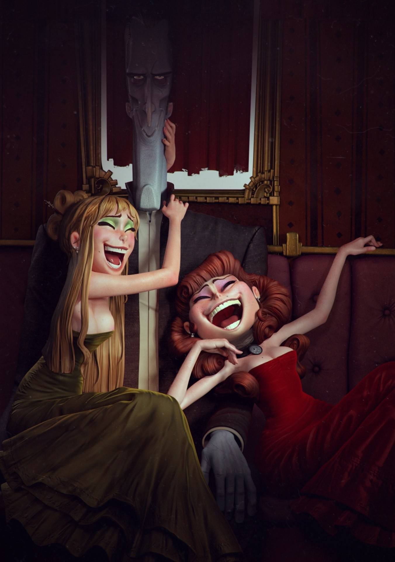Two women laughing with a tall, gaunt man behind them HD Wallpaper