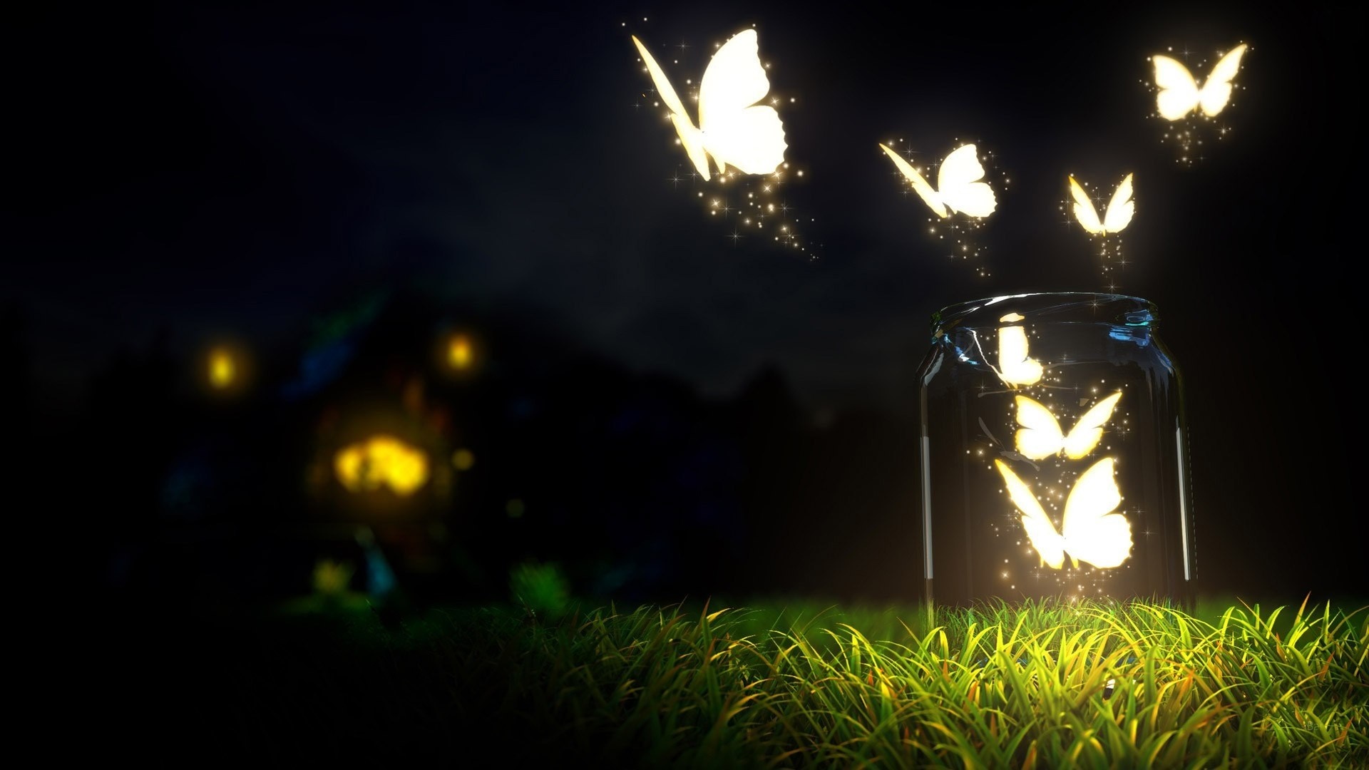 Glowing butterflies flying out of a jar at night HD Wallpaper