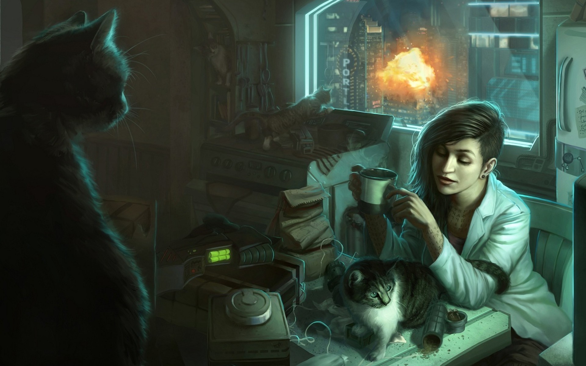 Woman with cats in a futuristic city during an explosion HD Wallpaper