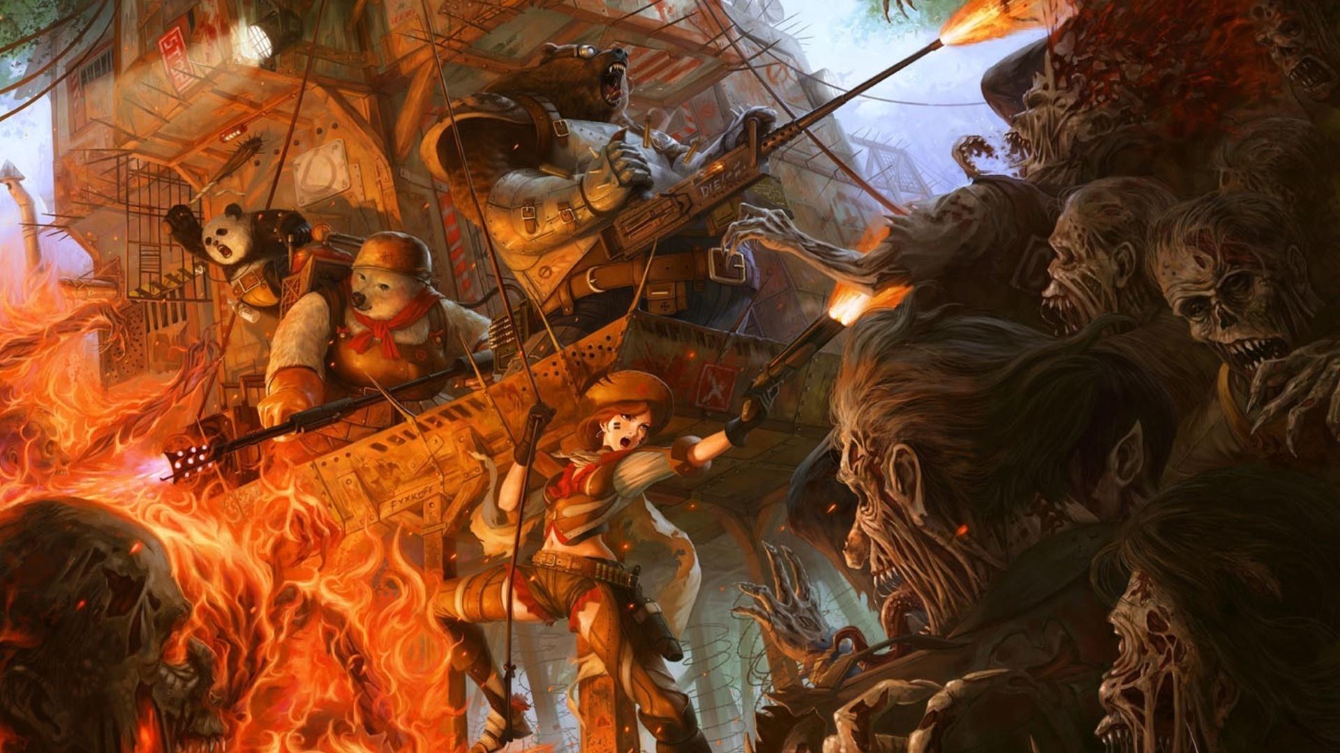 Anthropomorphic characters fighting zombies in a burning city HD Wallpaper