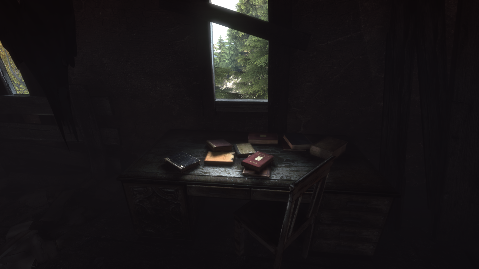 Desk with books in a dark room HD Wallpaper