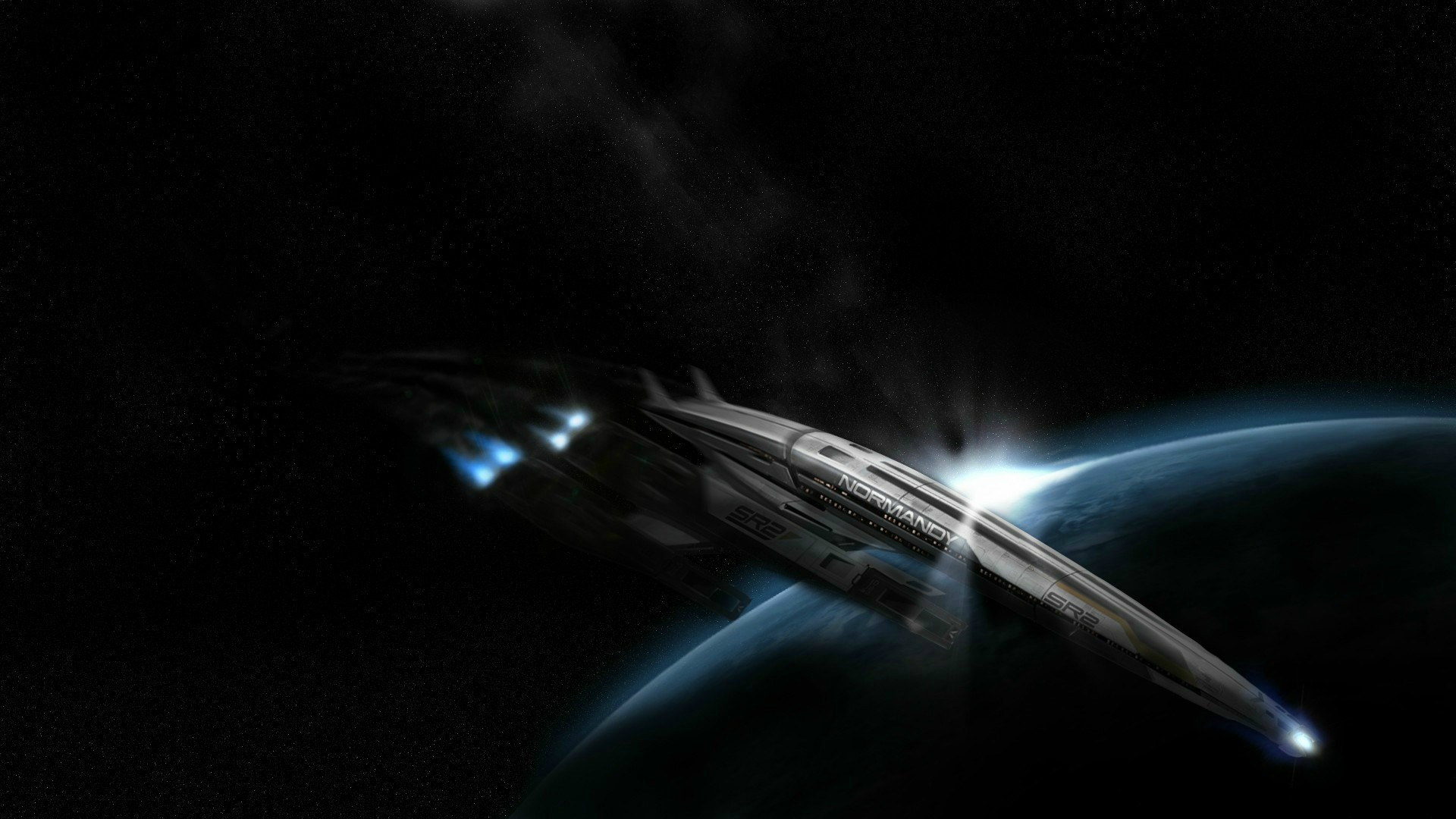 Normandy SR-2 spaceship flying near a planet HD Wallpaper