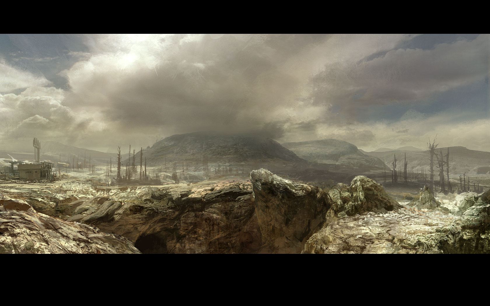 Post-apocalyptic landscape with ruined buildings and mountains HD Wallpaper