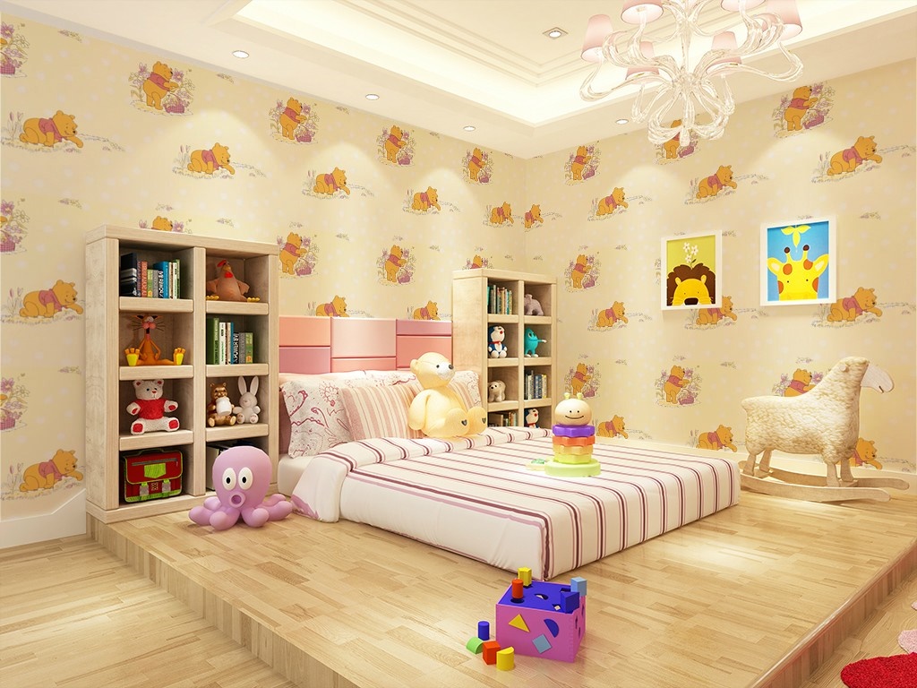 Children's bedroom with Winnie the Pooh wallpaper and toys HD Wallpaper