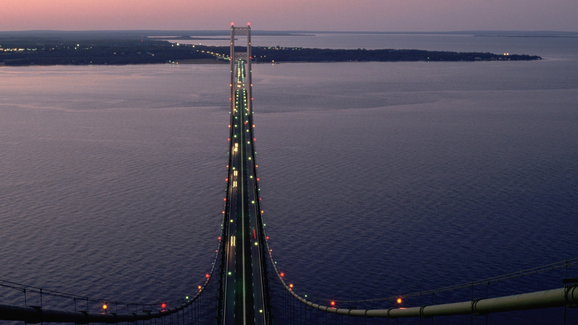 Mackinac Bridge at dusk over water HD Wallpaper