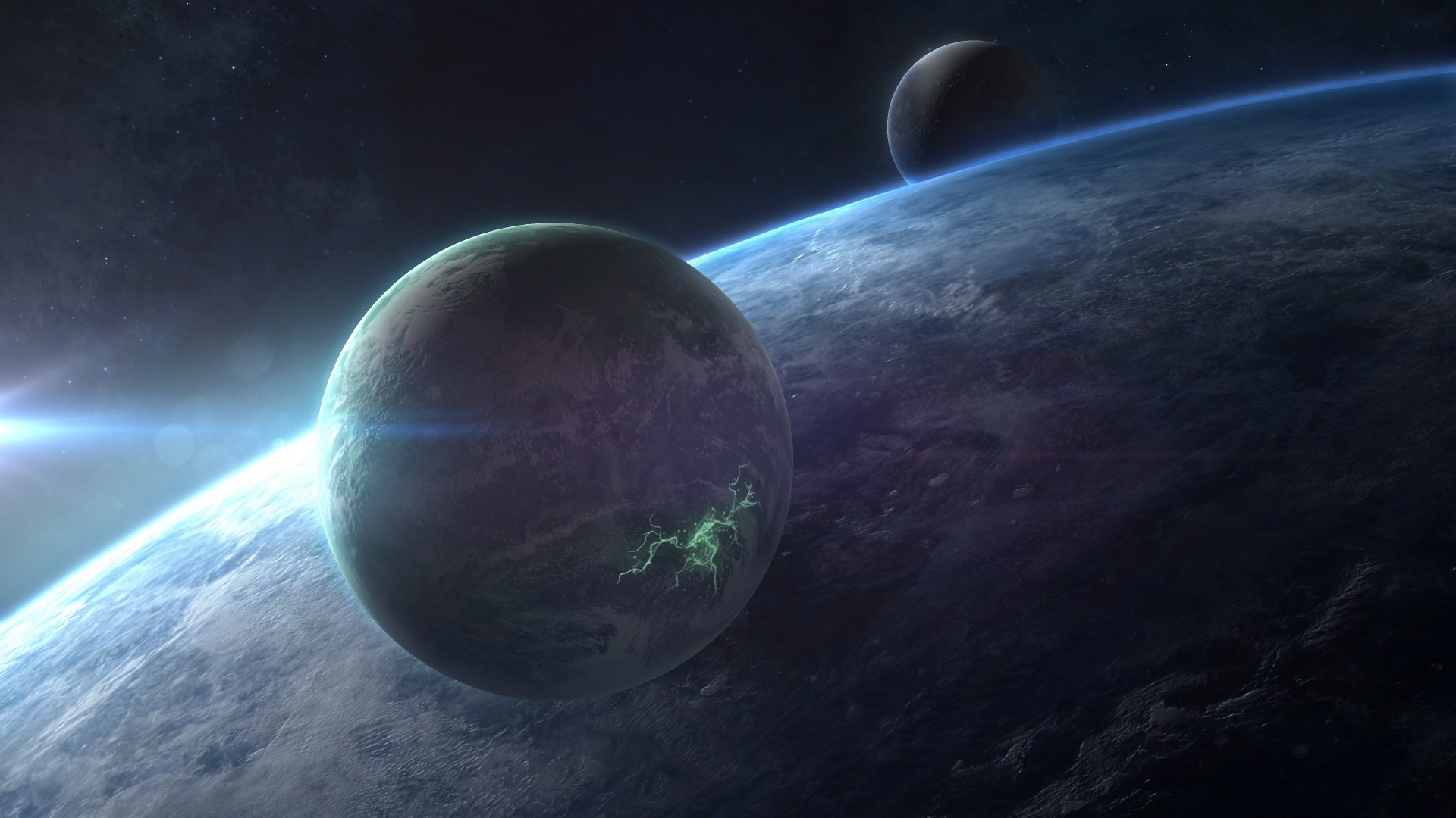 Planets and moons in outer space with lens flare HD Wallpaper