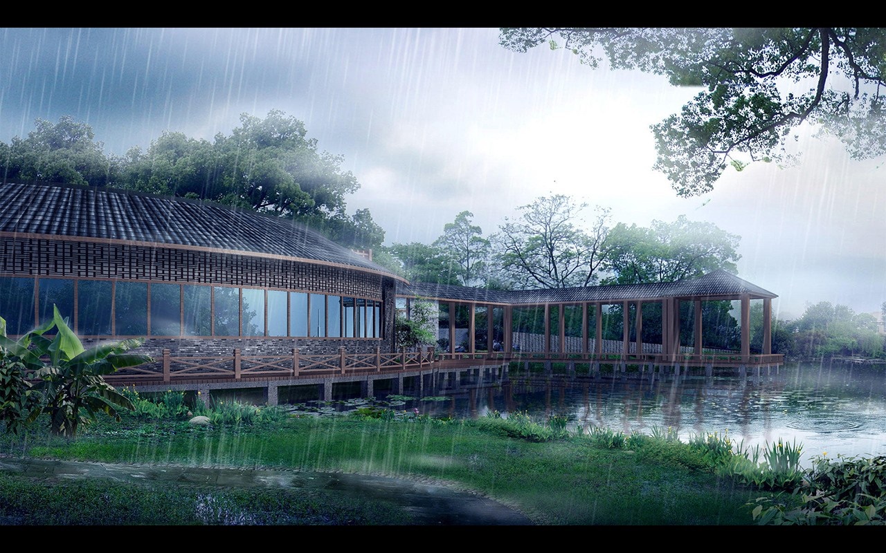 Chinese style building with covered walkway over water in rain HD Wallpaper