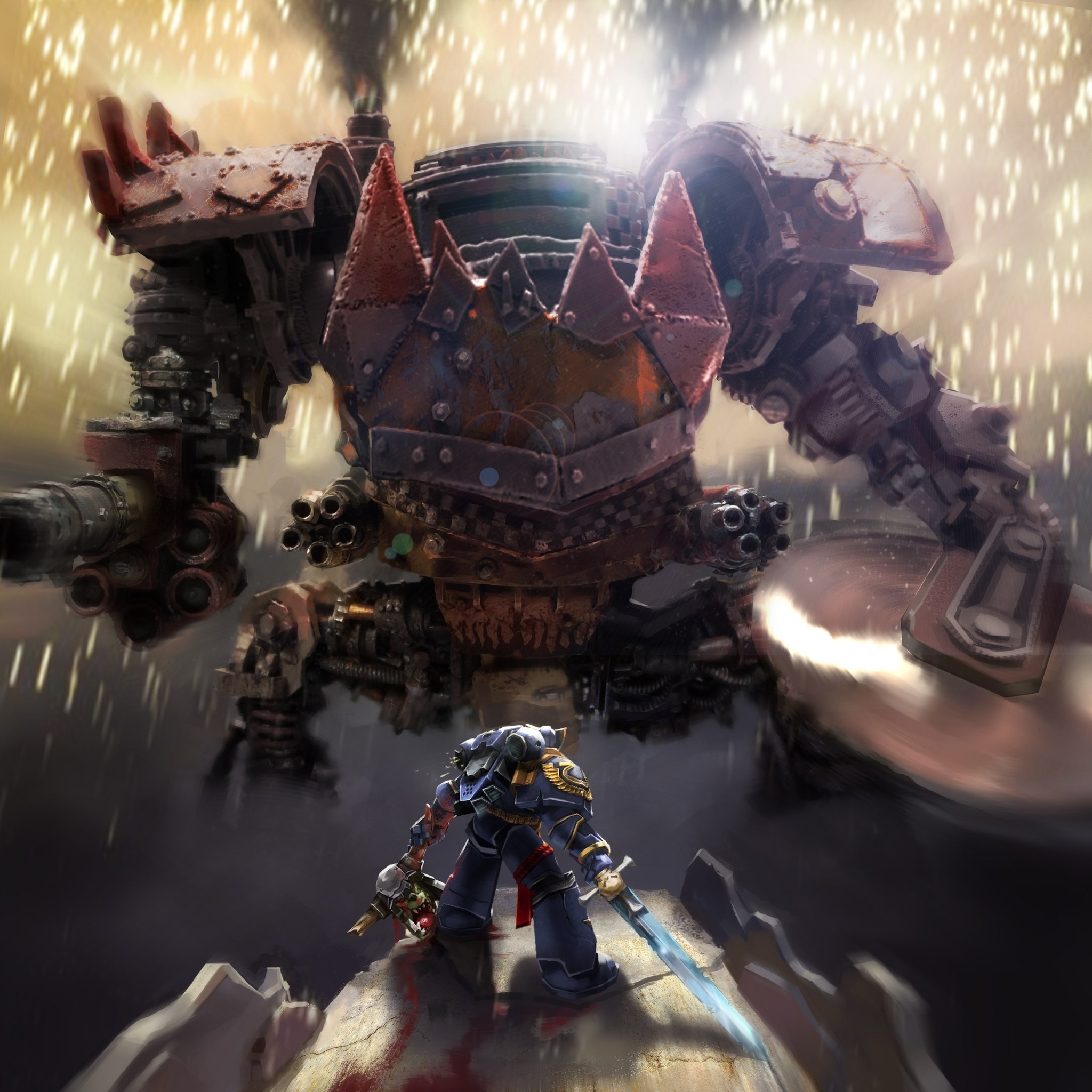 Space Marine fighting a large Ork robot in Warhammer 40,000 HD Wallpaper