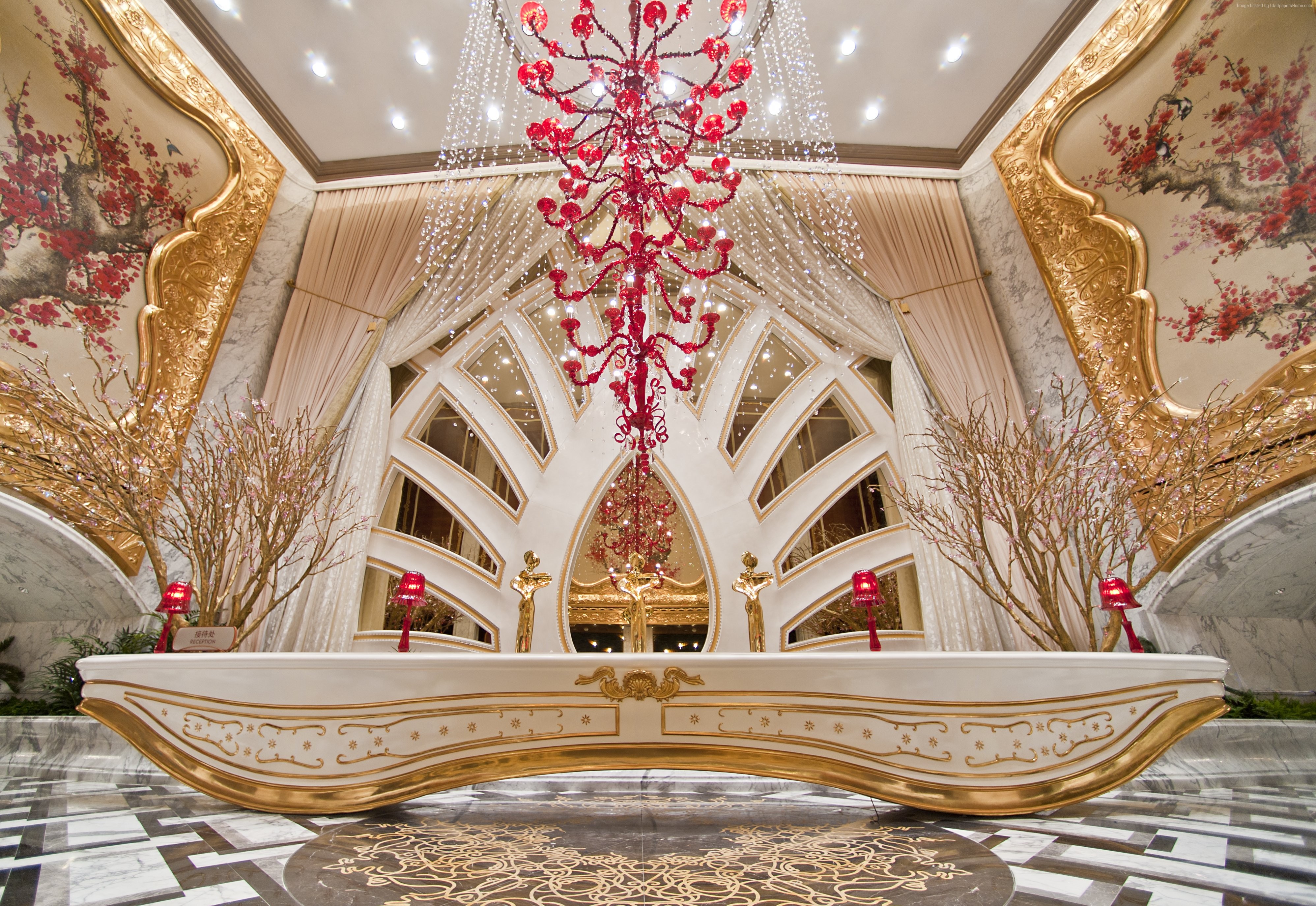 Galaxy Macau Resort Lobby with Red Chandelier HD Wallpaper