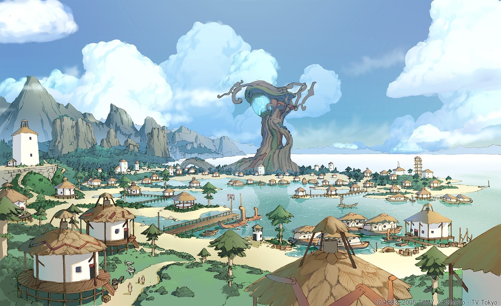 Fantasy village with a giant tree and mountains HD Wallpaper