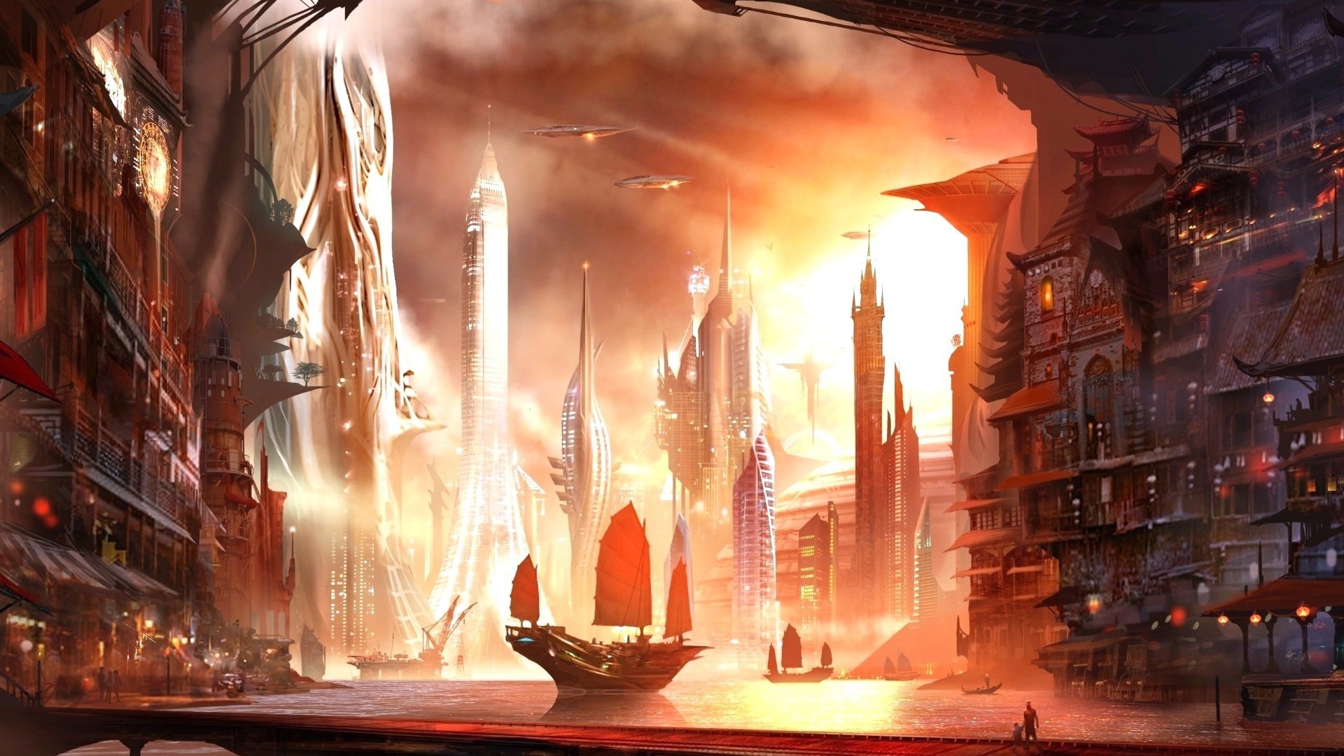 Futuristic city with traditional ships and flying vehicles HD Wallpaper