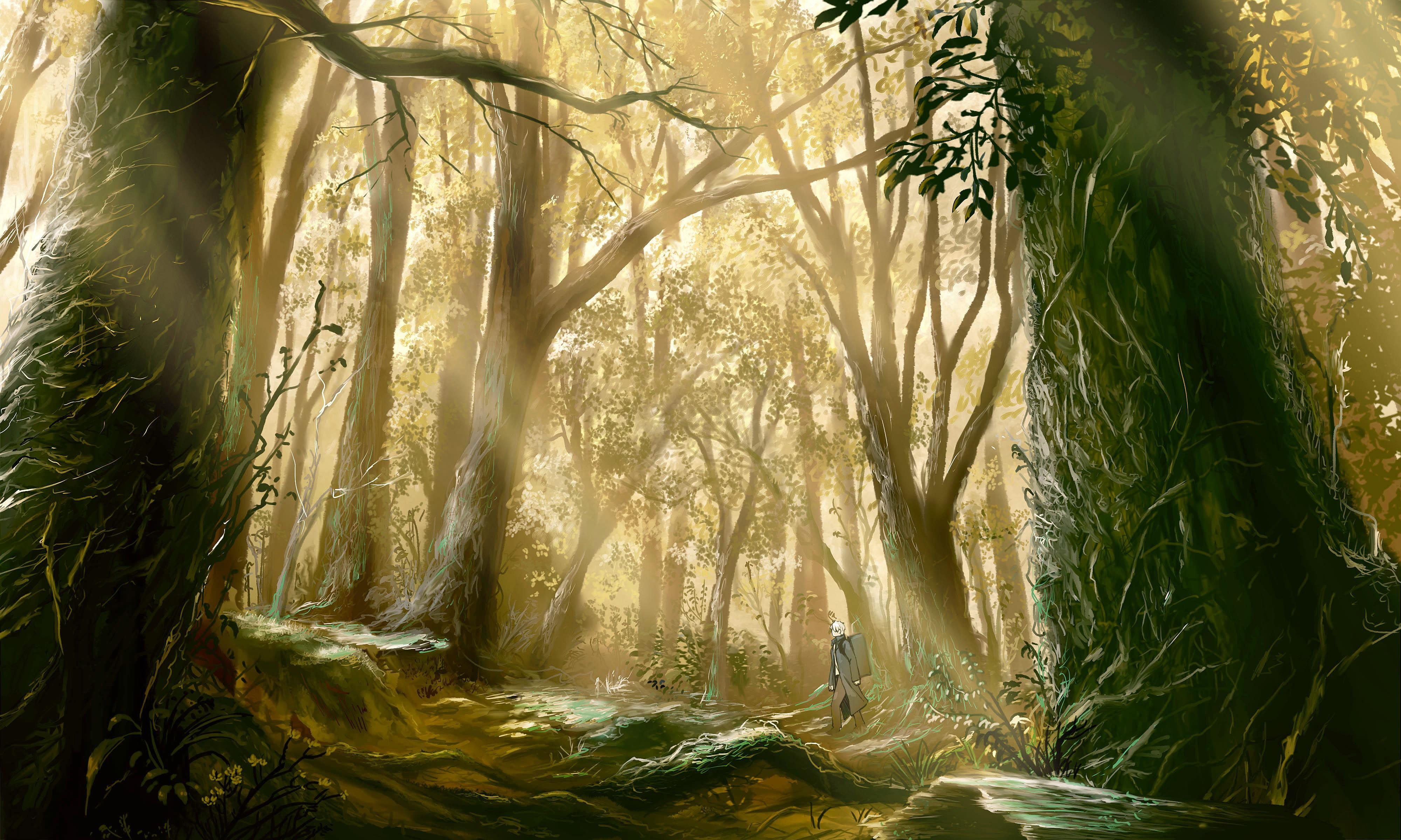 Ginko from Mushishi in a sunlit forest HD Wallpaper