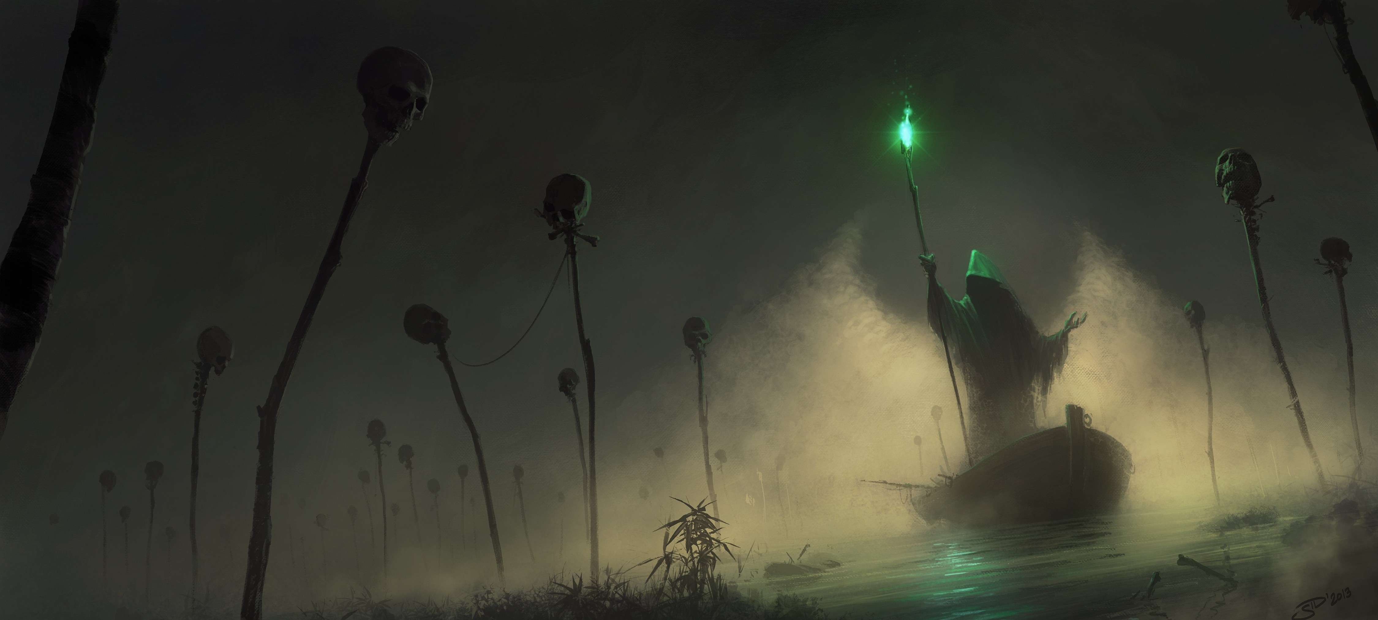Fantasy art of a cloaked figure in a boat with skulls on sticks HD Wallpaper