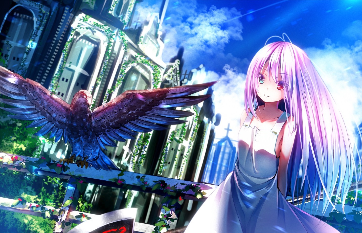 Anime girl with heterochromia and a bird near a church HD Wallpaper