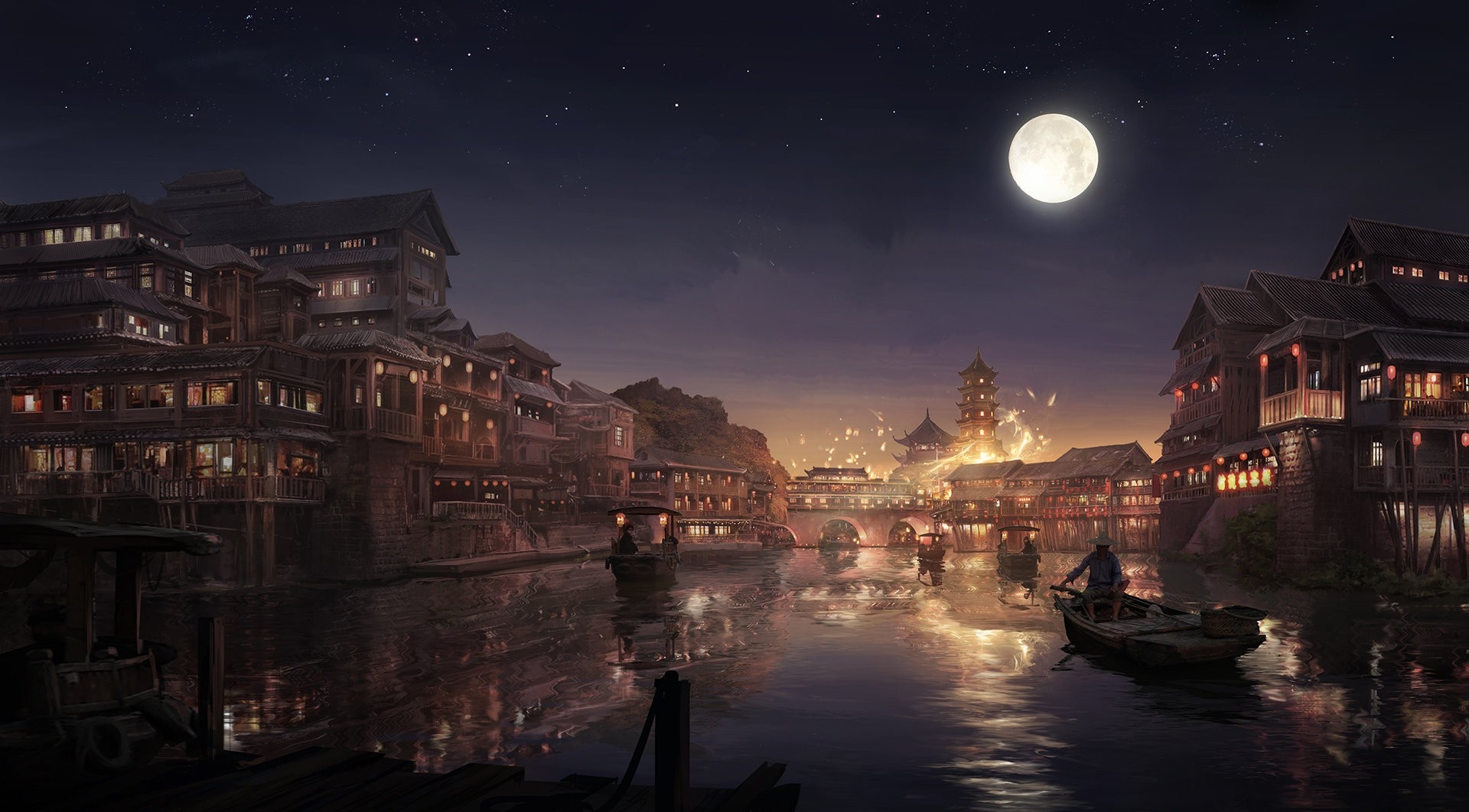 Asian cityscape at night with a river and moon HD Wallpaper