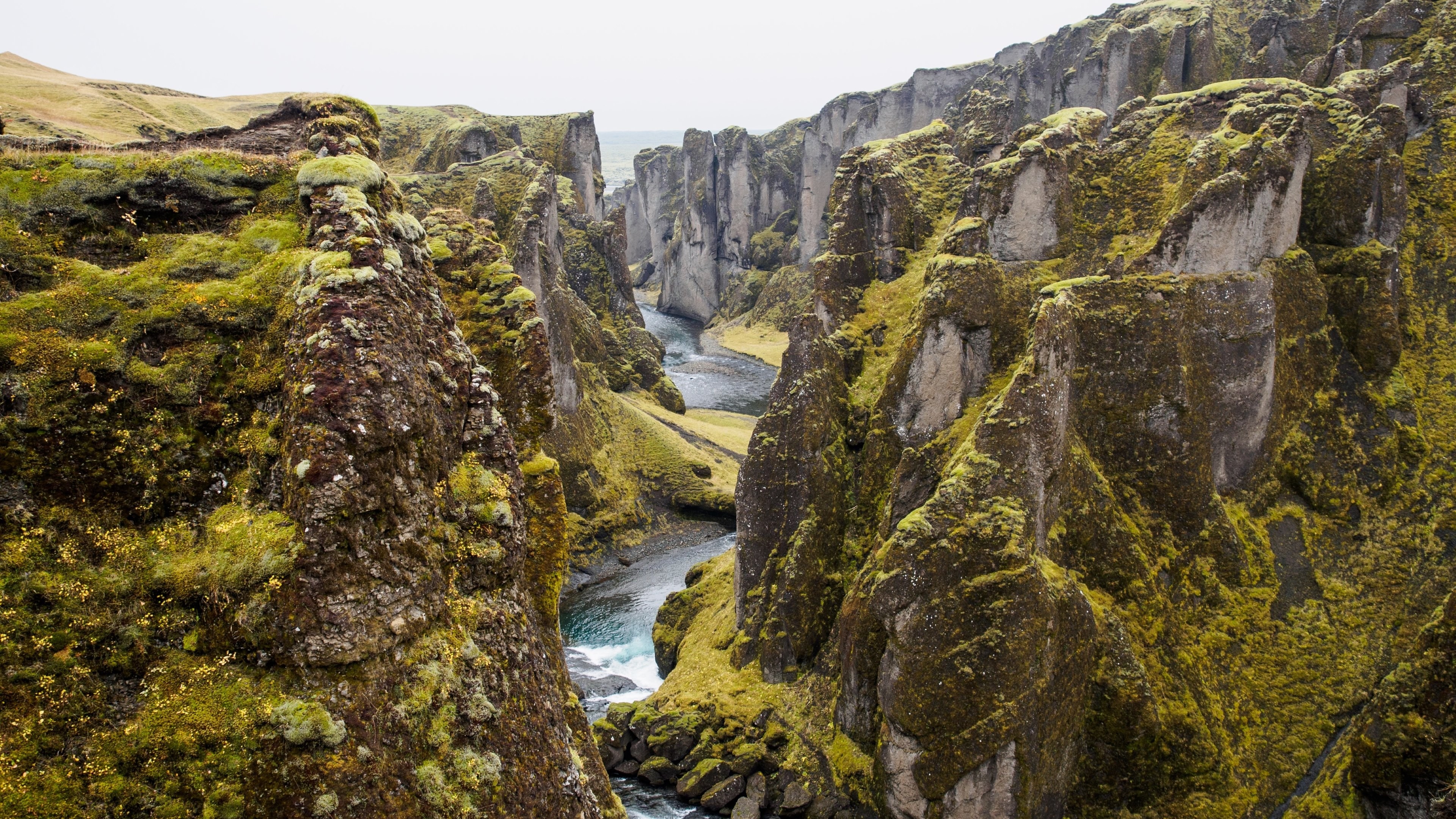 Moss-covered canyon with a river flowing through it HD Wallpaper