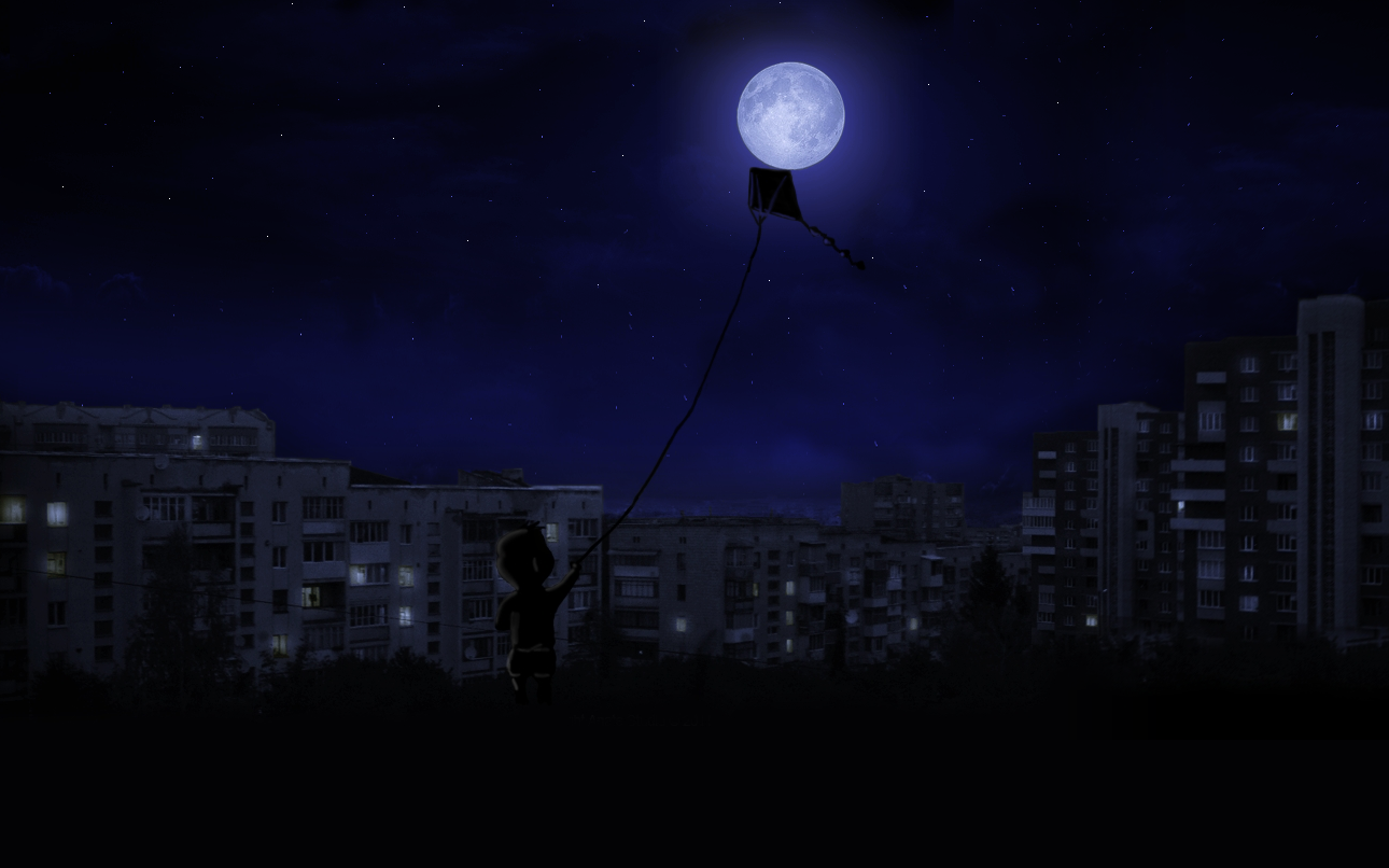 Child flying a kite under the full moon HD Wallpaper