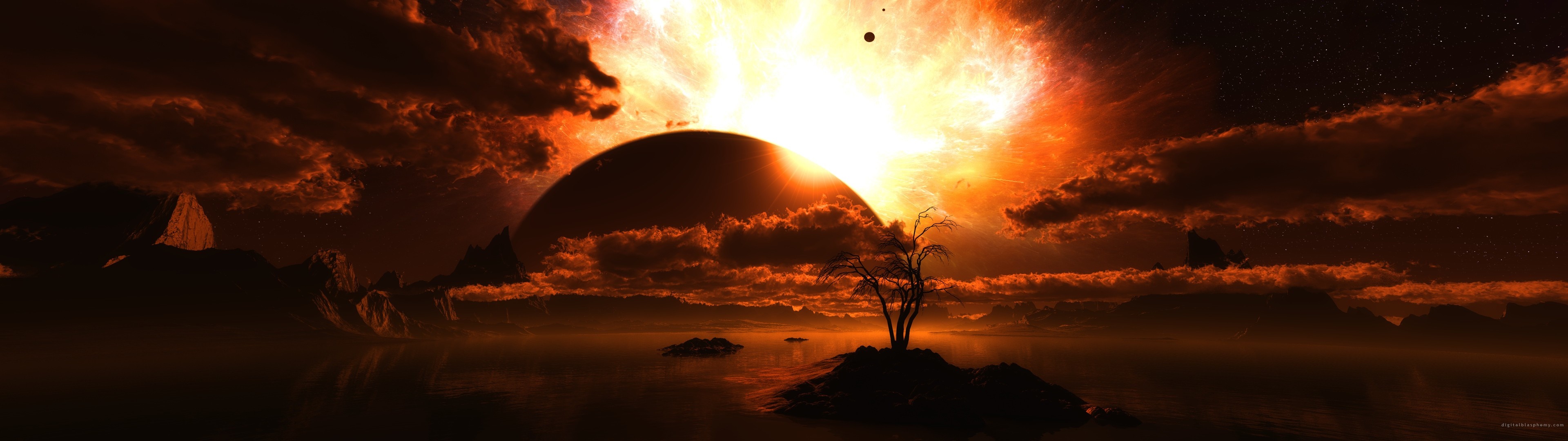 Alien planet with a large eclipse and fiery sky HD Wallpaper