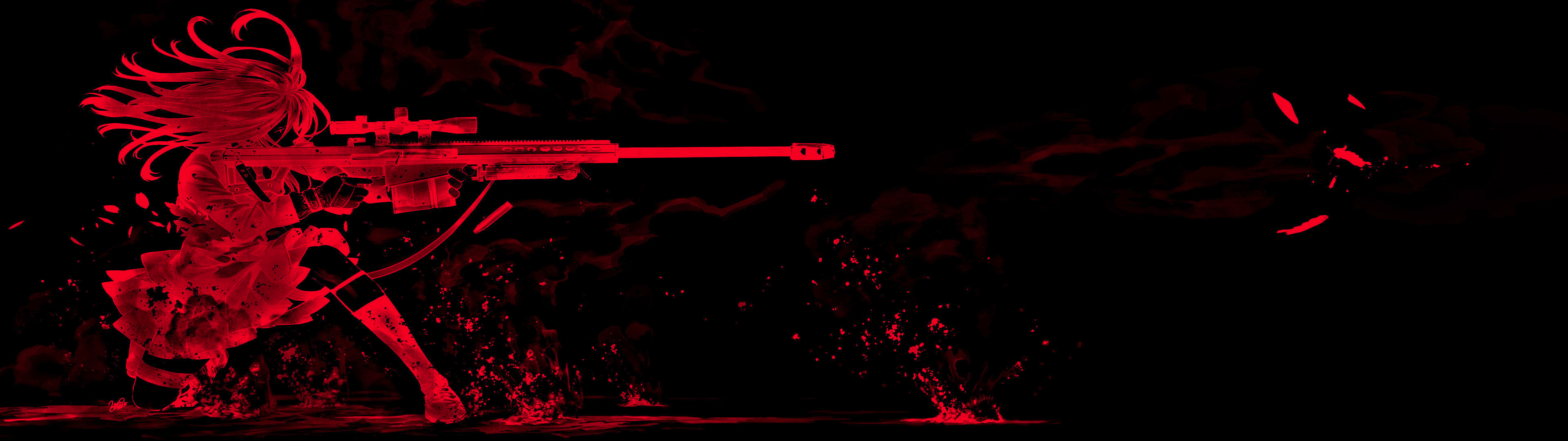 Girl with sniper rifle firing in red and black HD Wallpaper