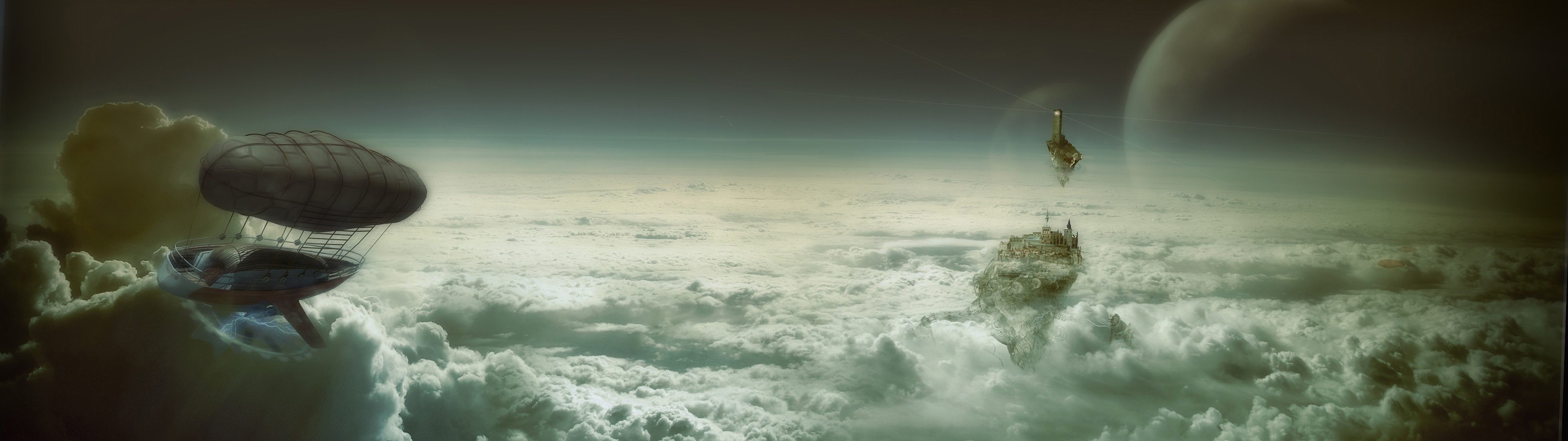 Fantasy art of a blimp and floating islands in the sky HD Wallpaper
