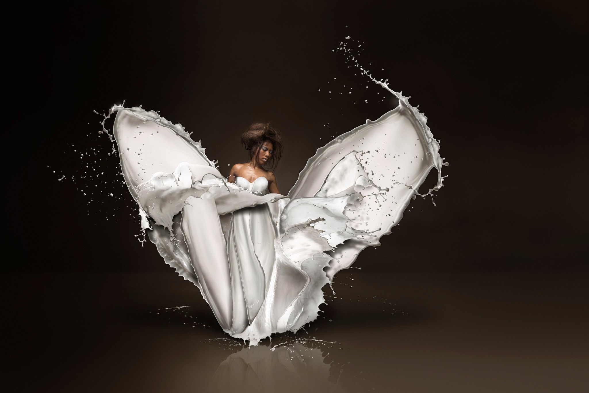 Woman in a dress made of splashing milk HD Wallpaper