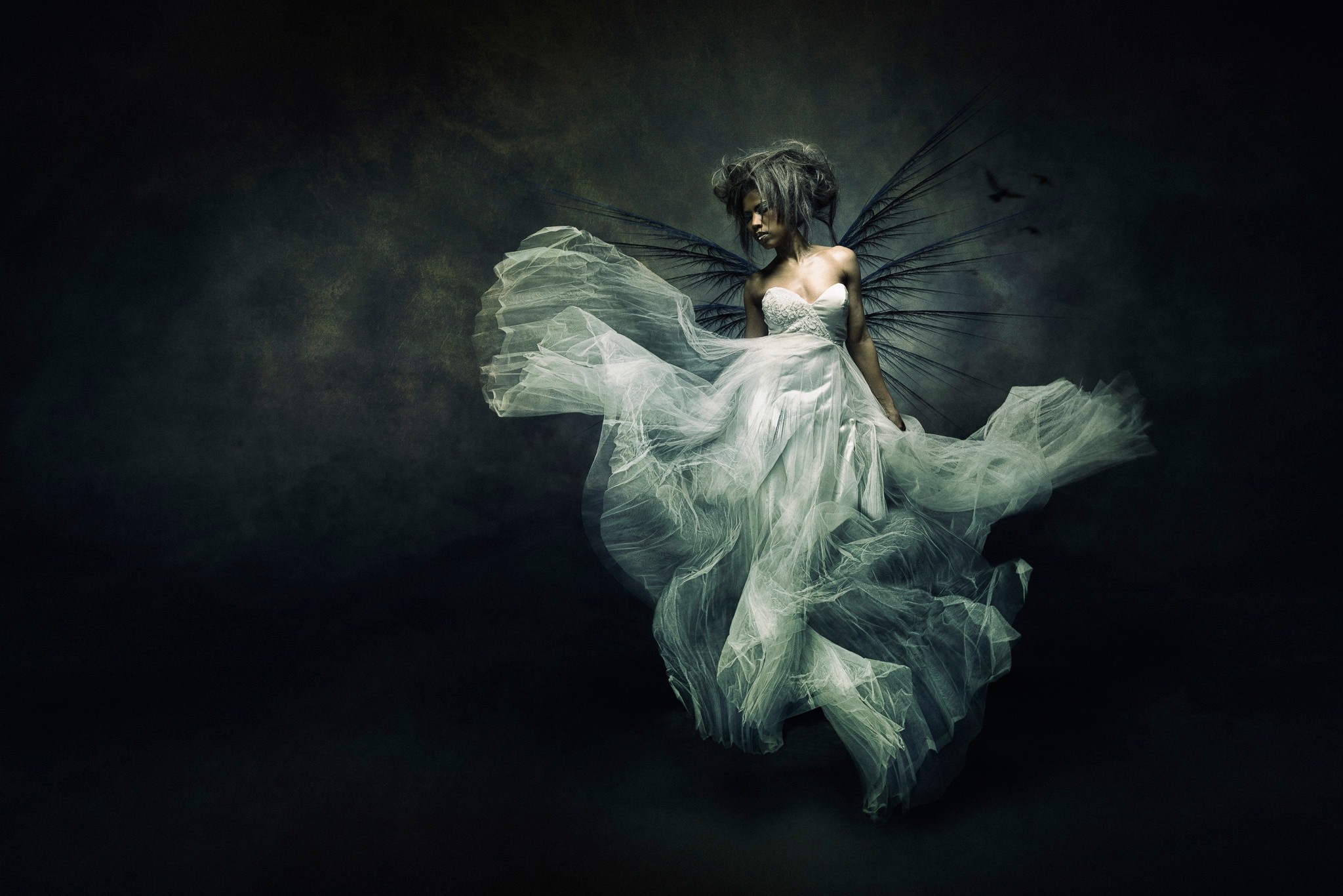 Woman with dark wings in a white dress HD Wallpaper