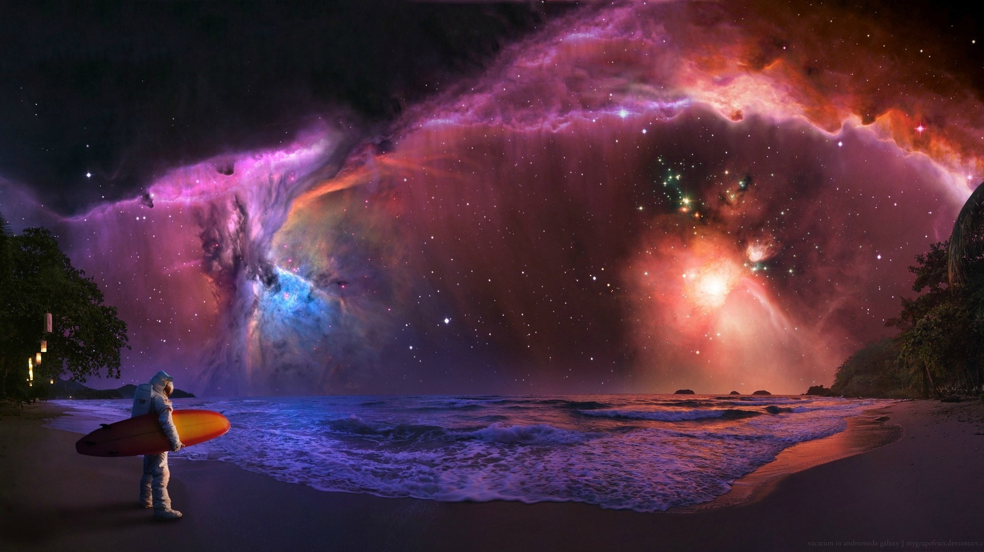 Astronaut with surfboard on a beach with a nebula in the sky HD Wallpaper