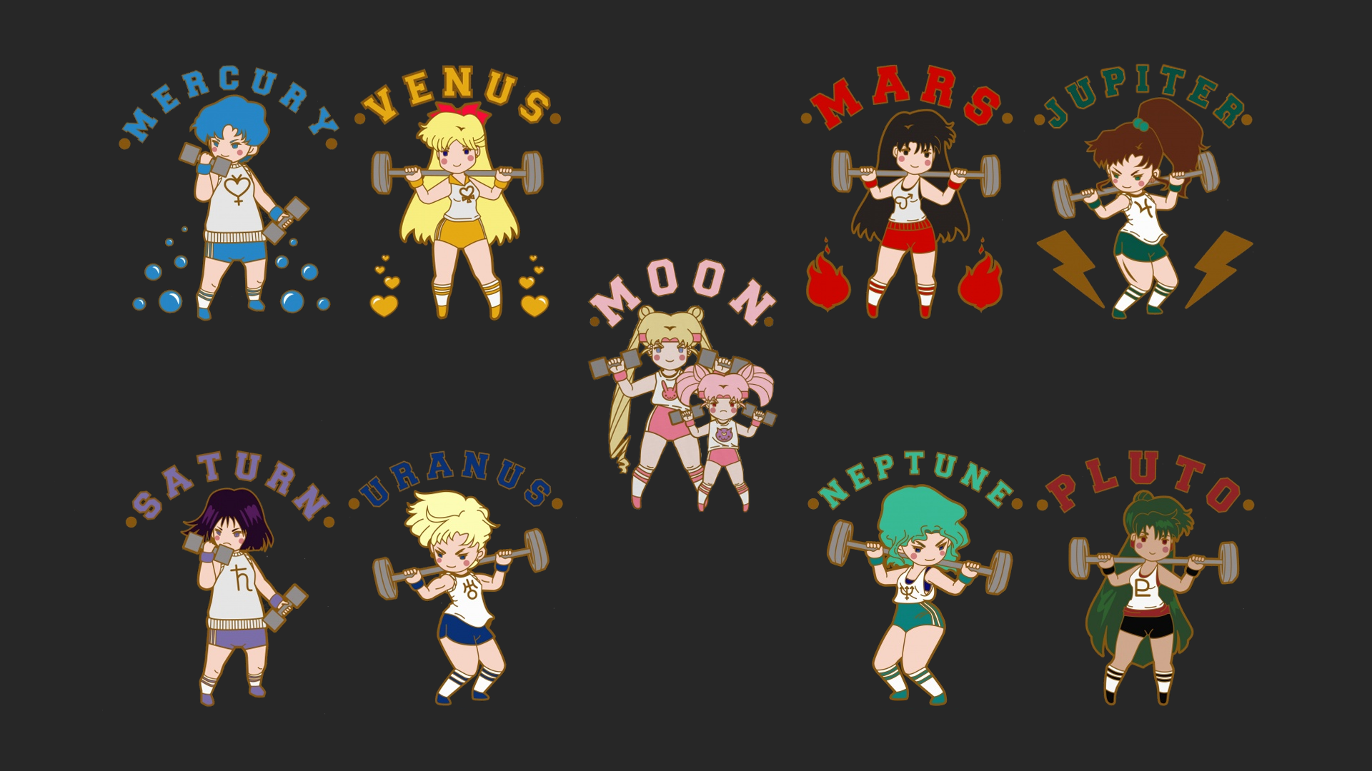 Sailor Moon characters exercising with weights HD Wallpaper