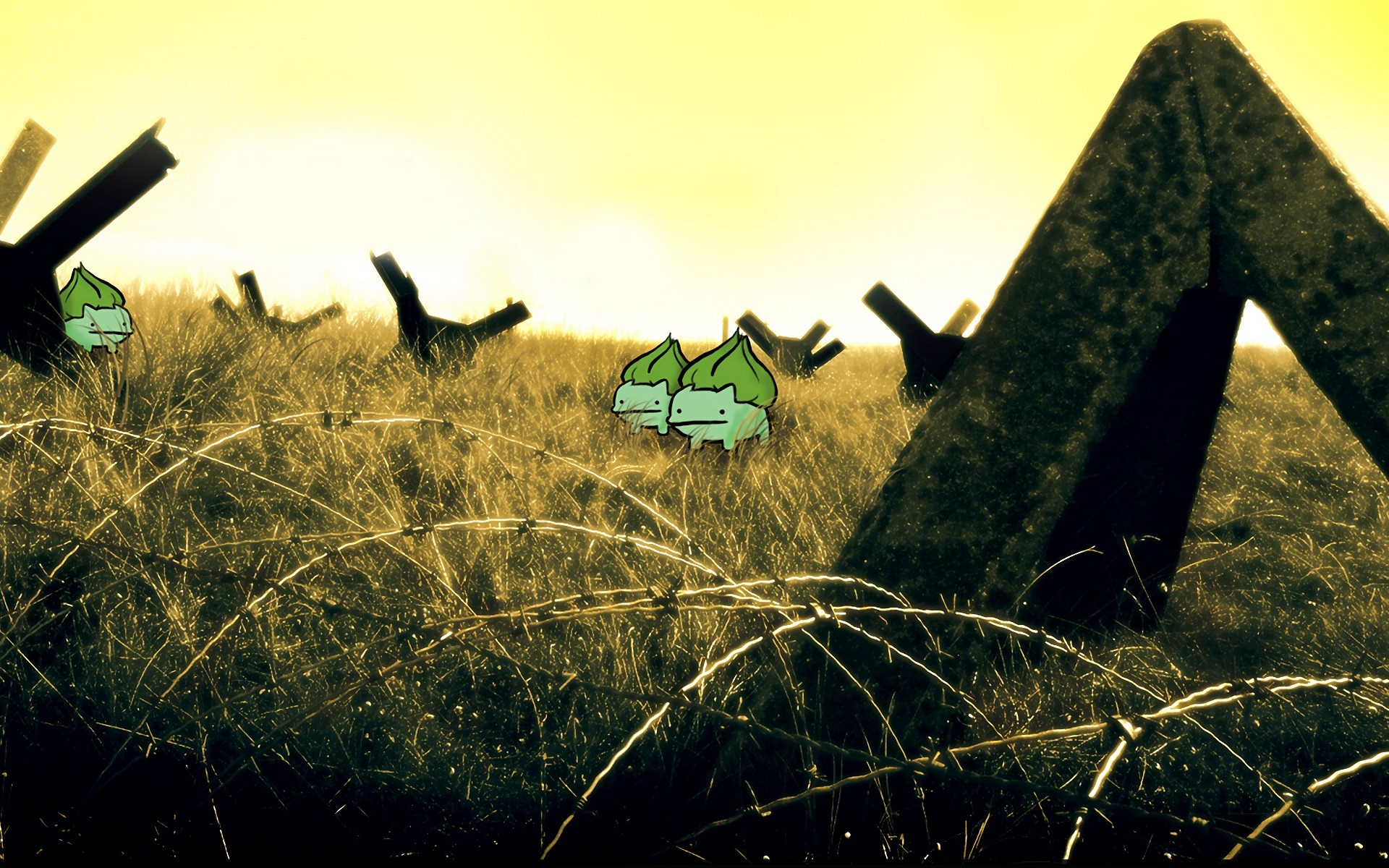 Bulbasaur from Pokemon in a field with barbed wire HD Wallpaper