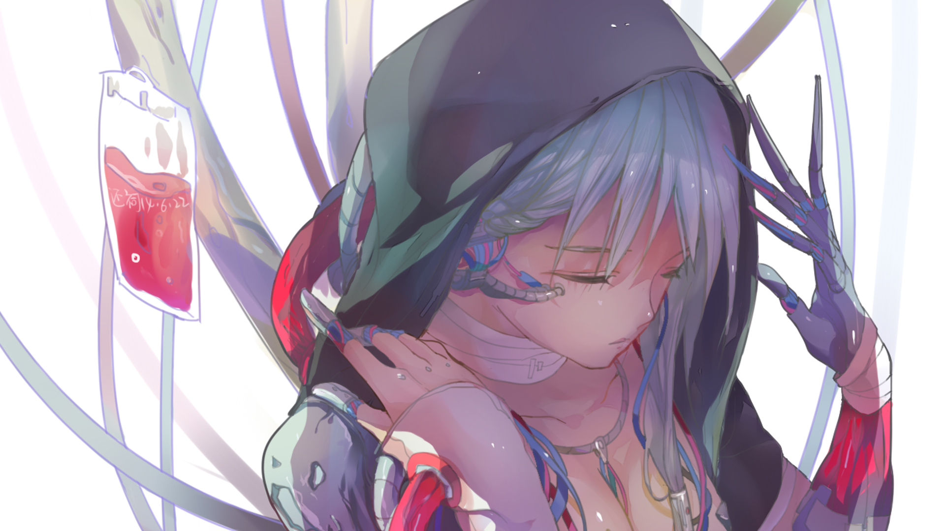 Anime girl with cybernetic enhancements and blood bag HD Wallpaper