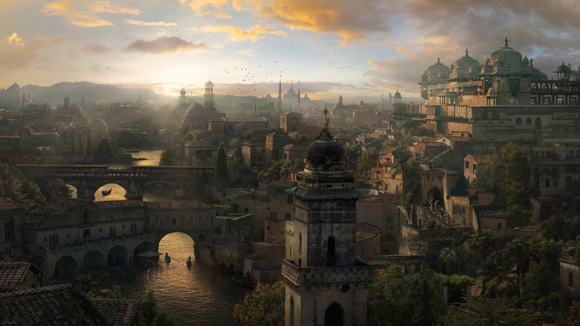 Fantasy cityscape with ancient architecture and river HD Wallpaper
