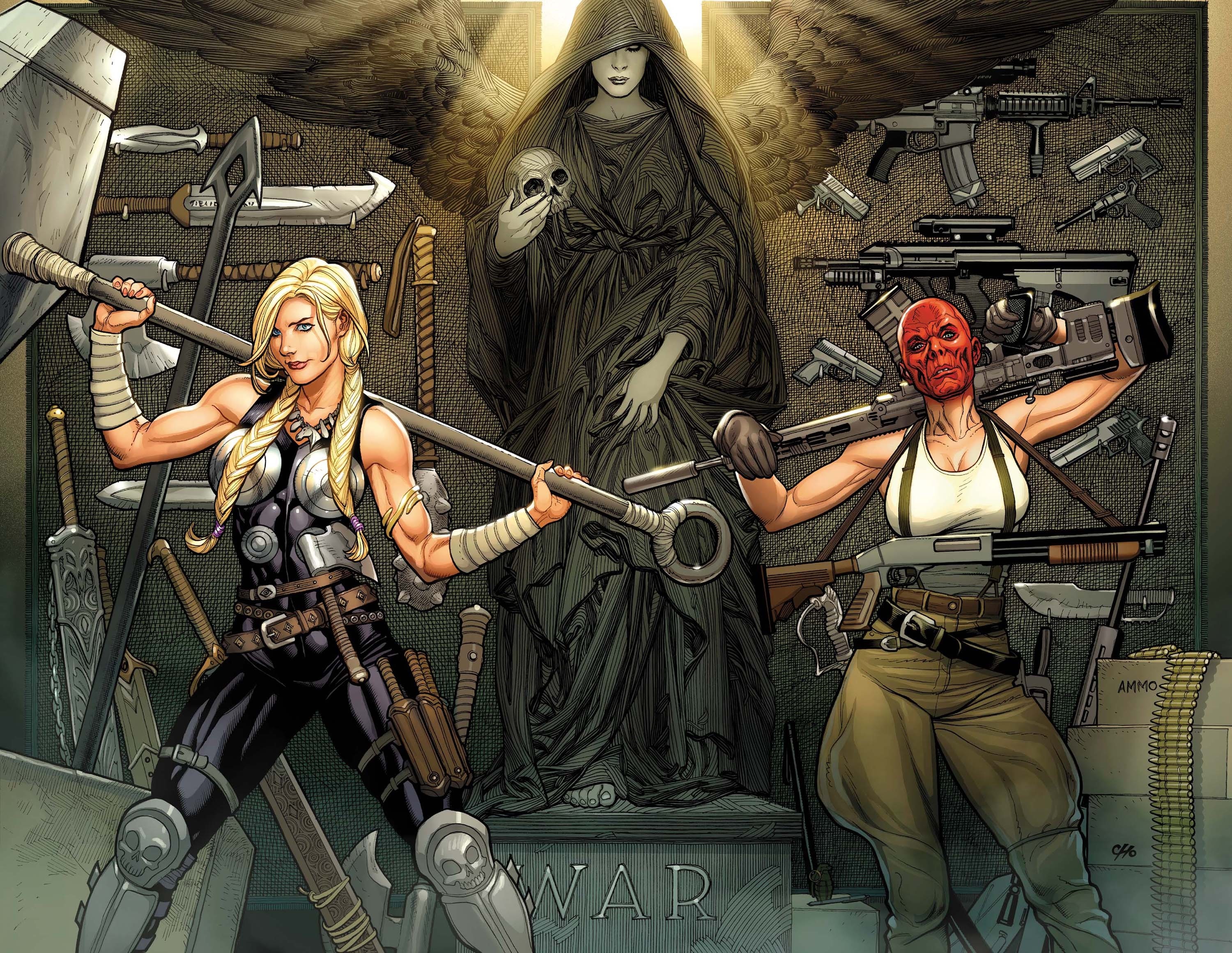 Female Thor and Red Skull surrounded by weapons HD Wallpaper