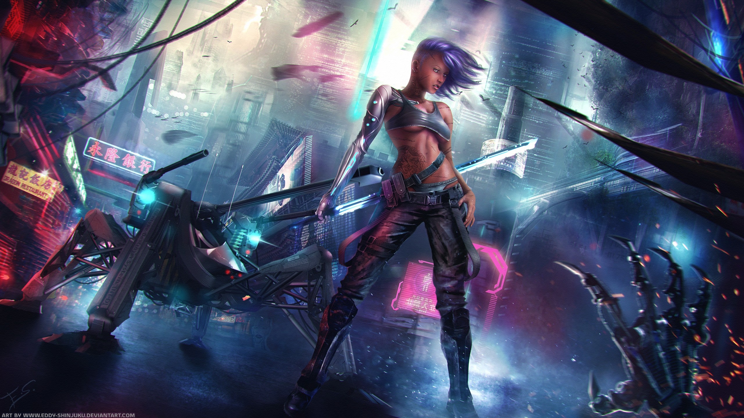 Cyborg woman with prosthetic arm in futuristic city HD Wallpaper