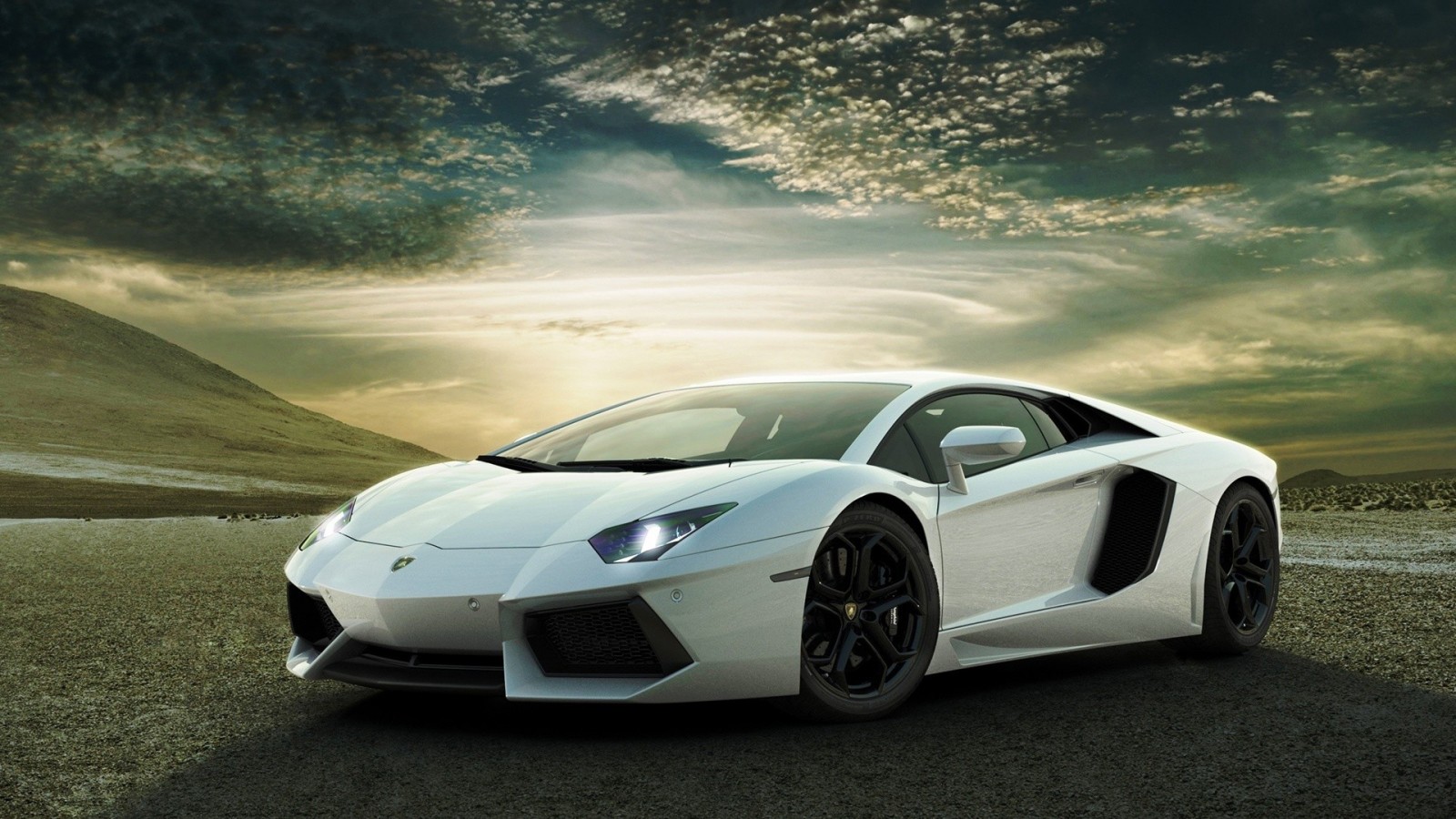 White Lamborghini Aventador parked on a dirt road HD Wallpaper